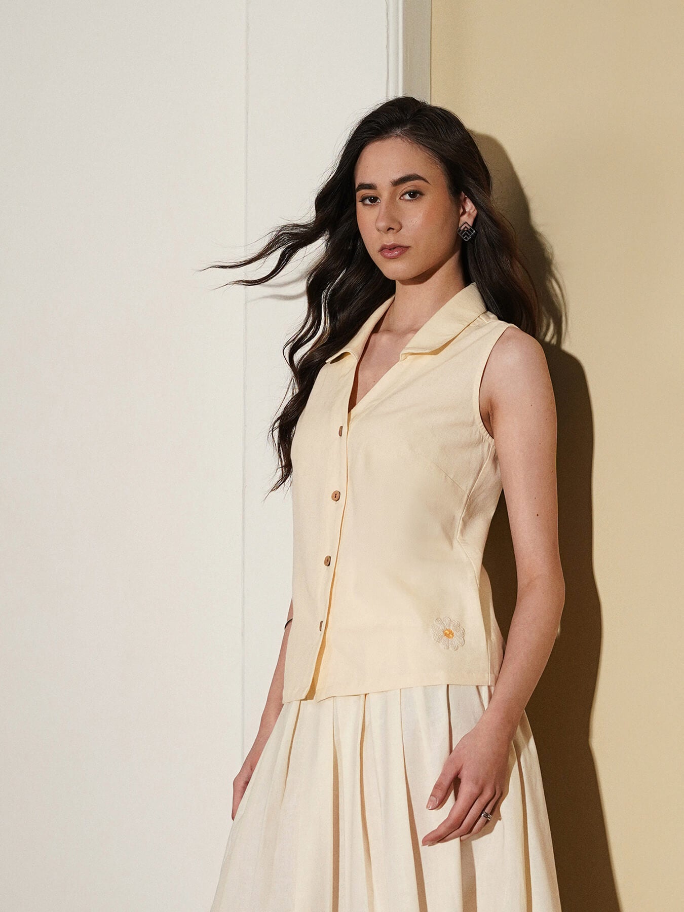 Linen Blend Solid Shirt Style Co-Ord Set - Off White