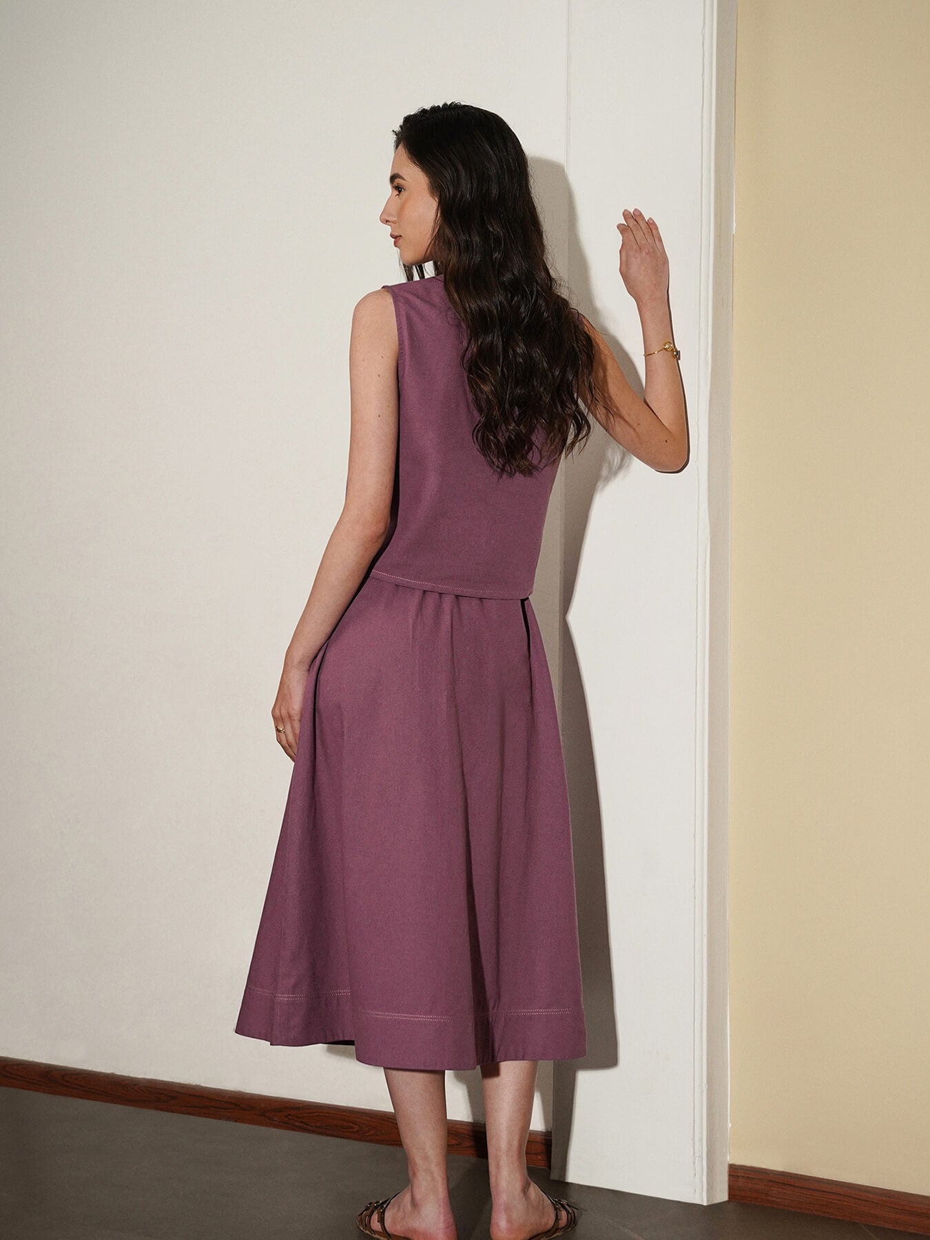 Linen Blend Solid Co-Ord Set - Purple