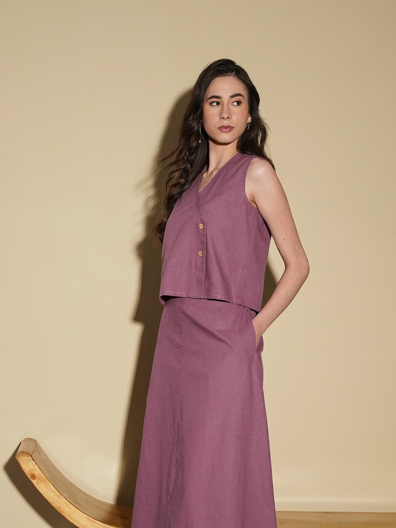 Linen Blend Solid Co-Ord Set - Purple