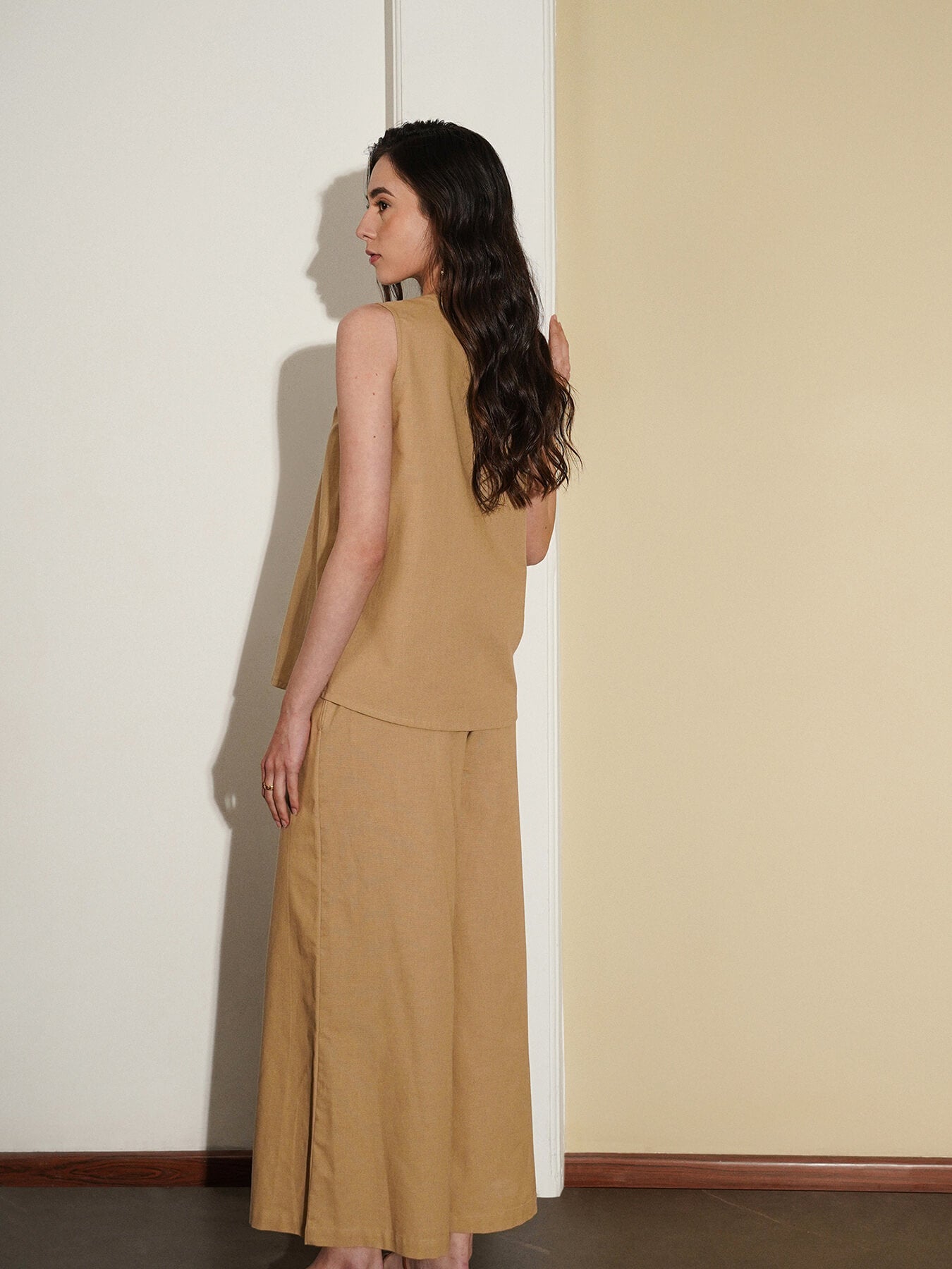 Linen Blend Colourblock Co-Ord Set -  Beige