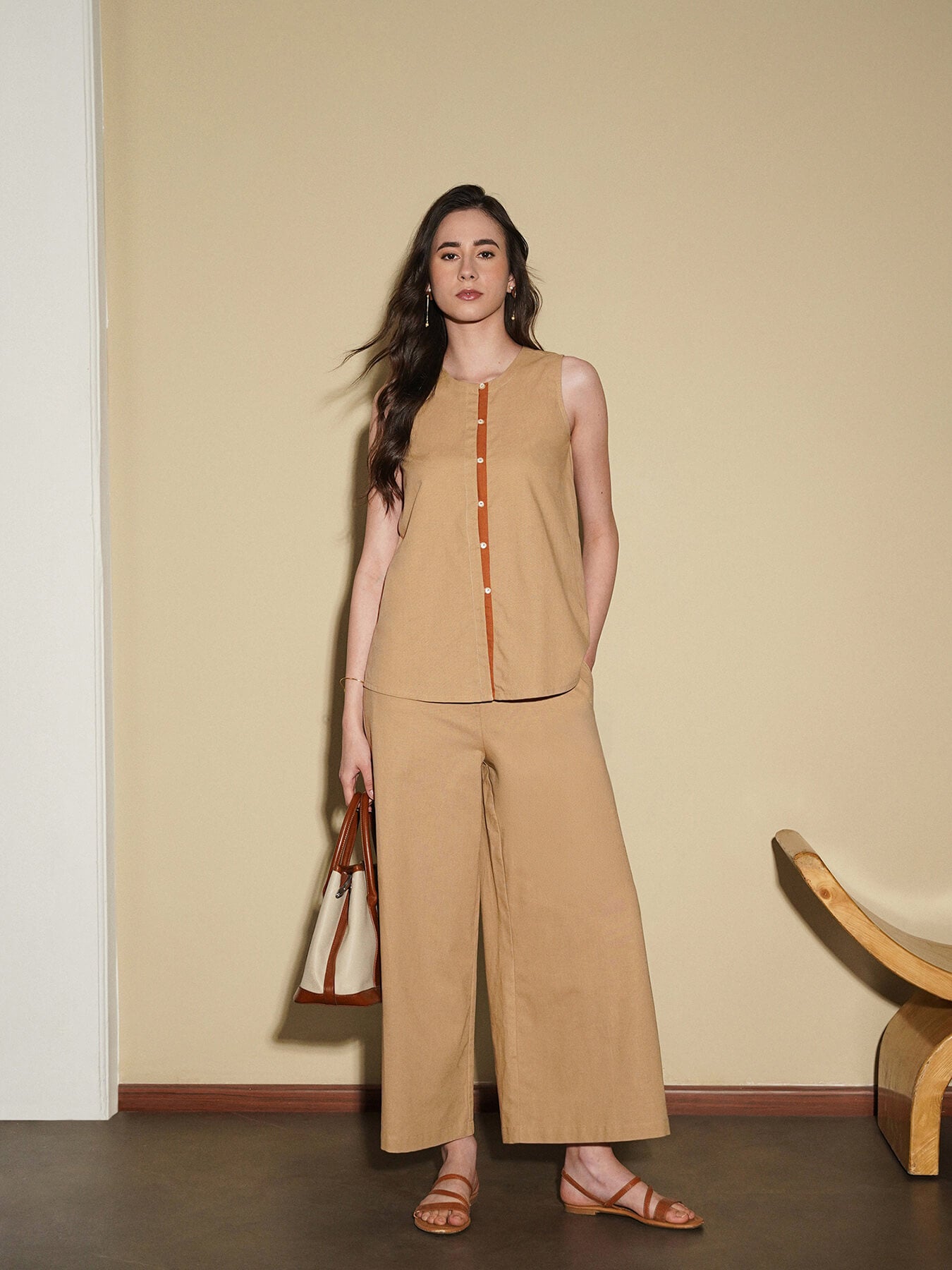 Linen Blend Colourblock Co-Ord Set -  Beige