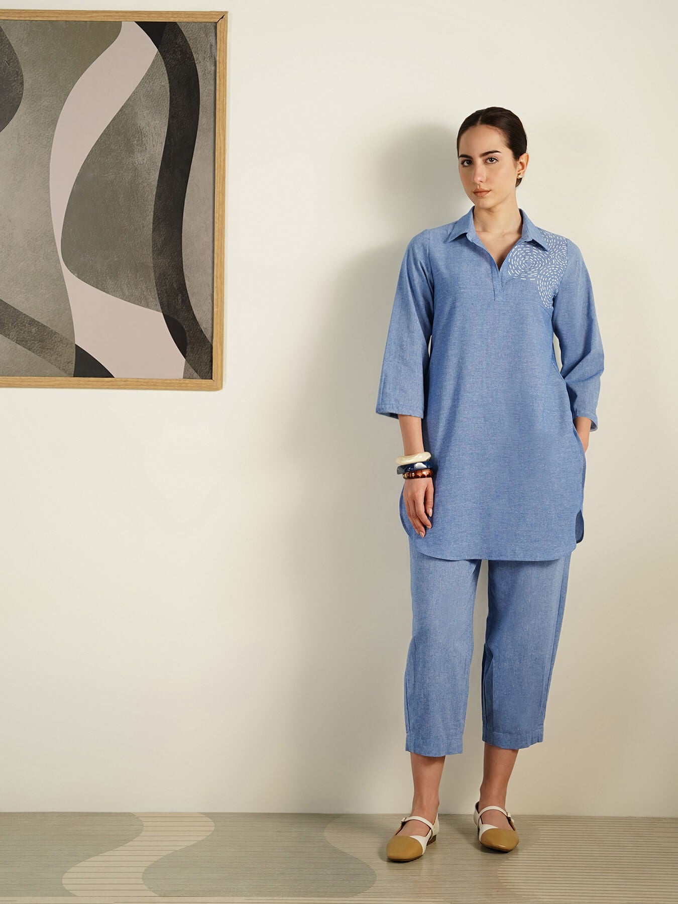 Cotton Geometric Placement Print Co-Ord Set - Blue