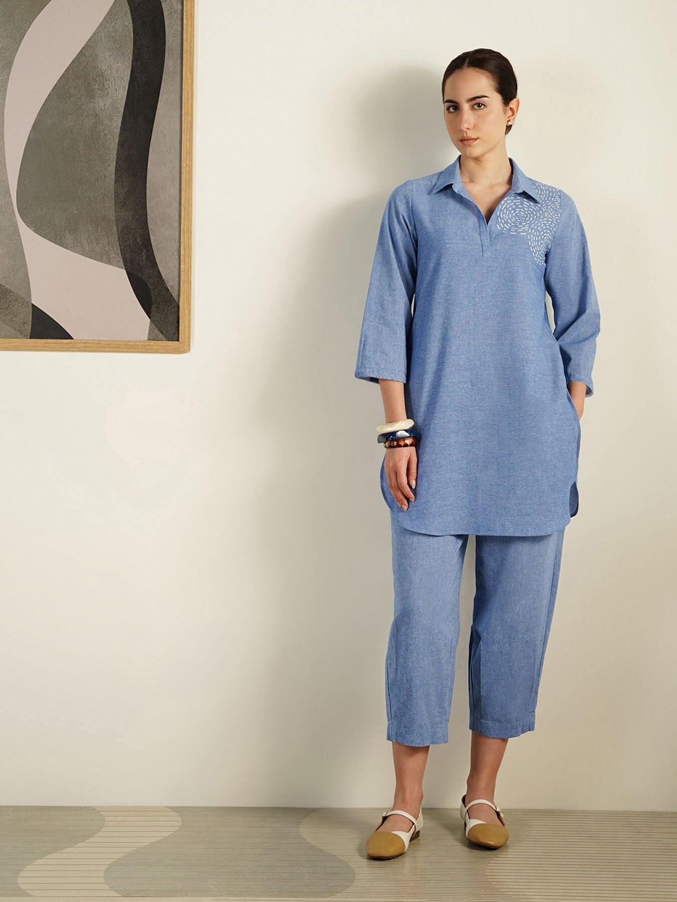 Cotton Geometric Placement Print Co-Ord Set - Blue