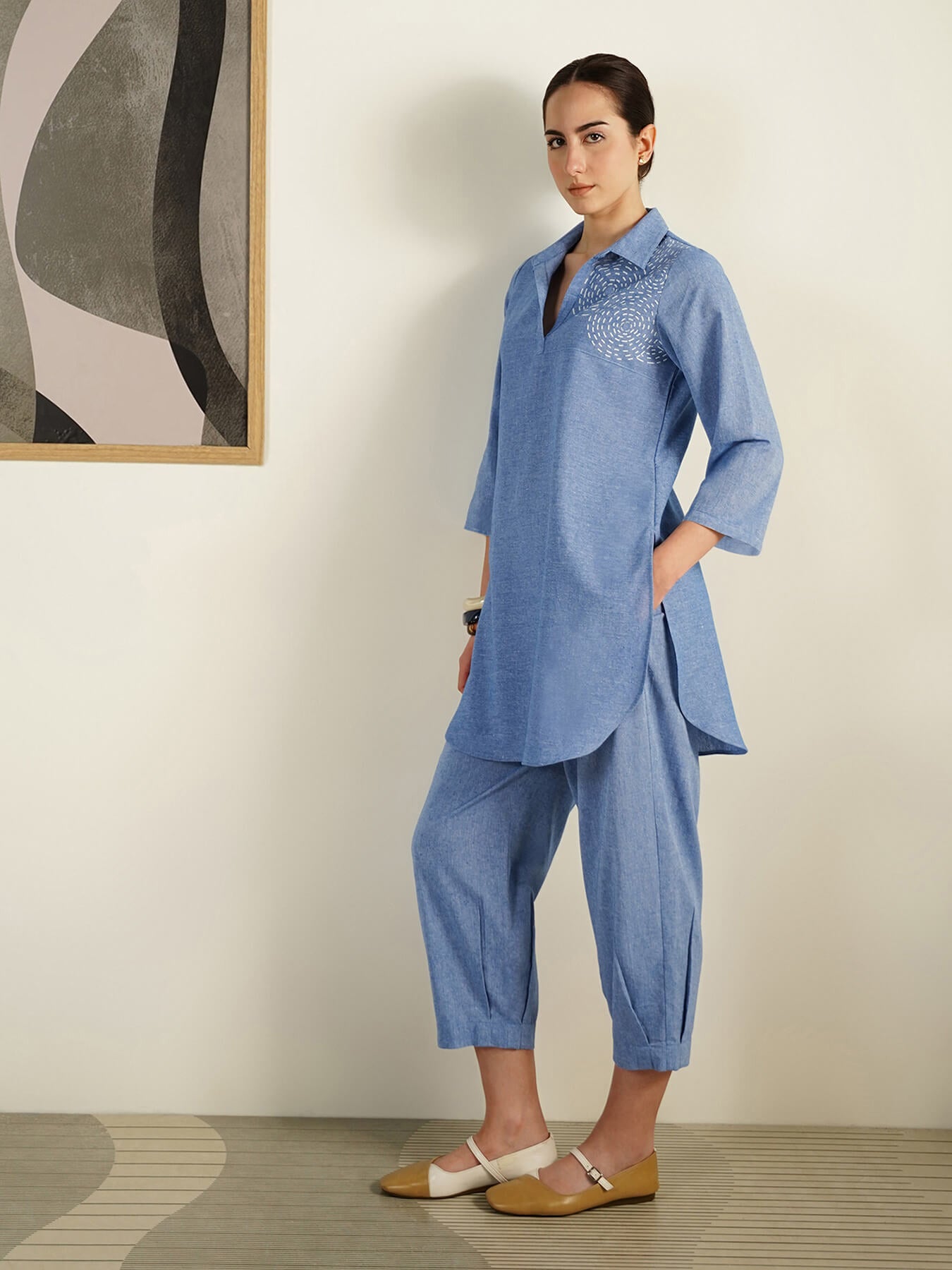 Cotton Geometric Placement Print Co-Ord Set - Blue