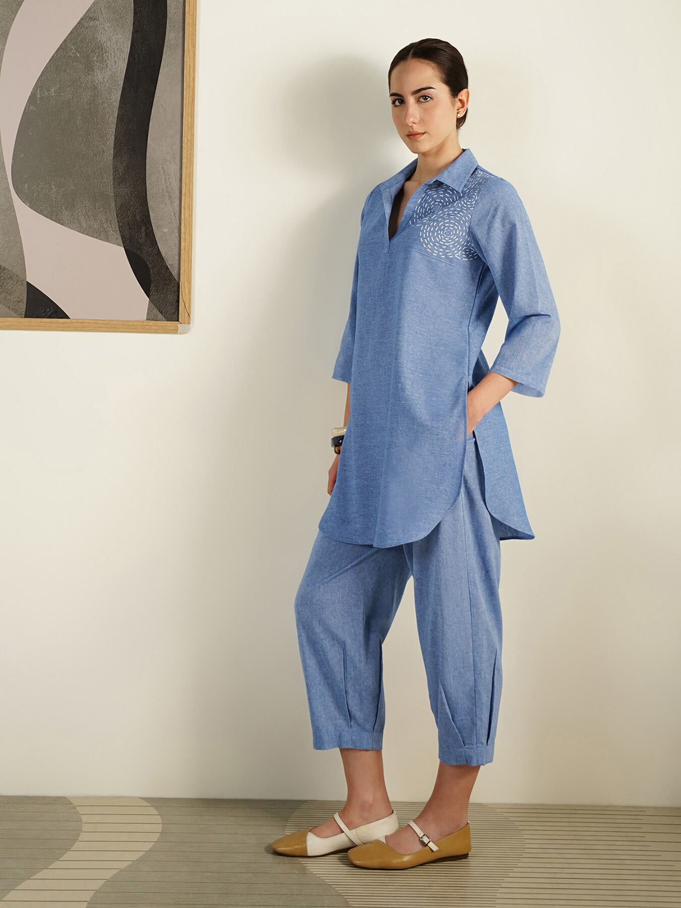 Cotton Geometric Placement Print Co-Ord Set - Blue
