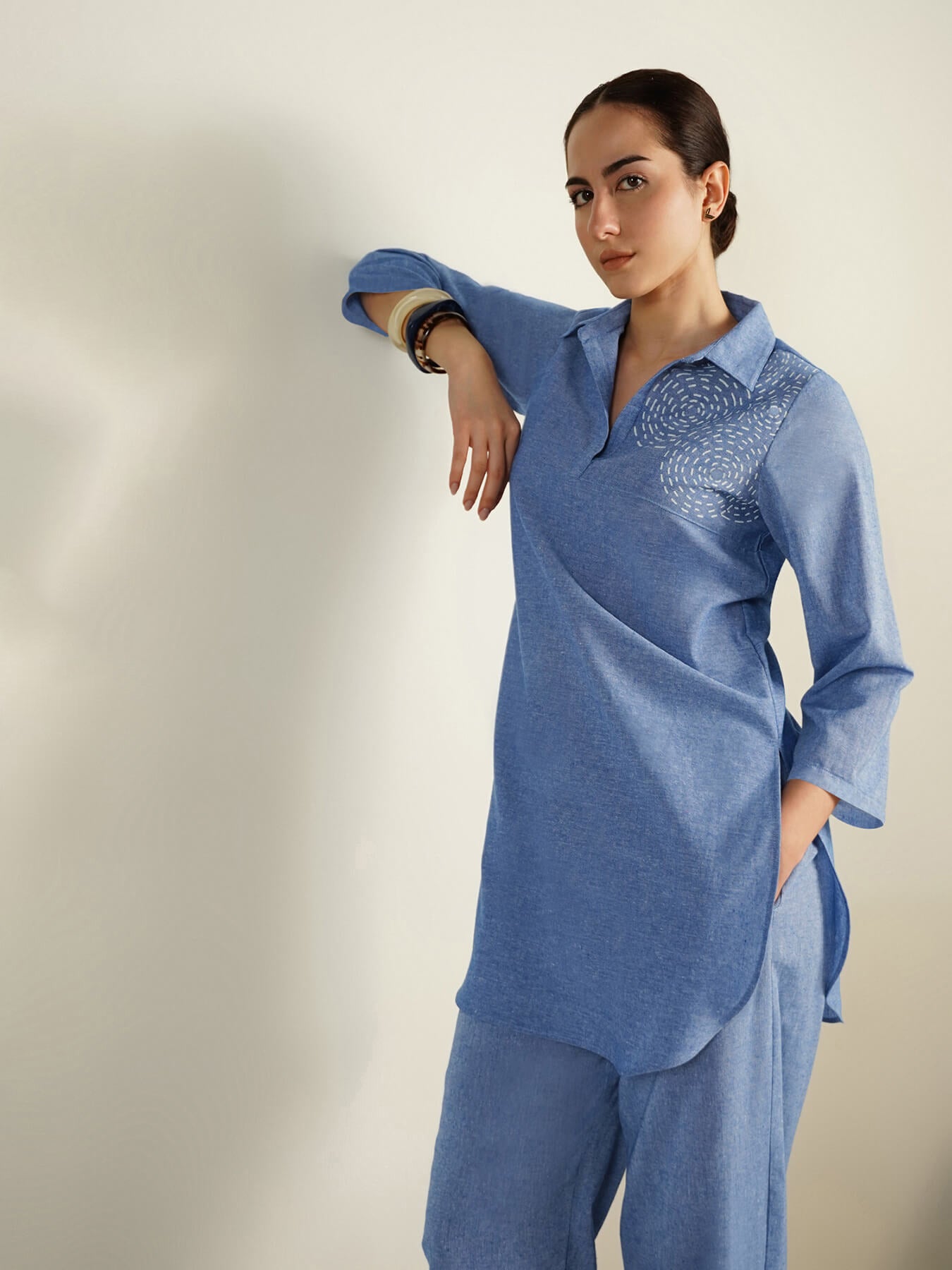 Cotton Geometric Placement Print Co-Ord Set - Blue