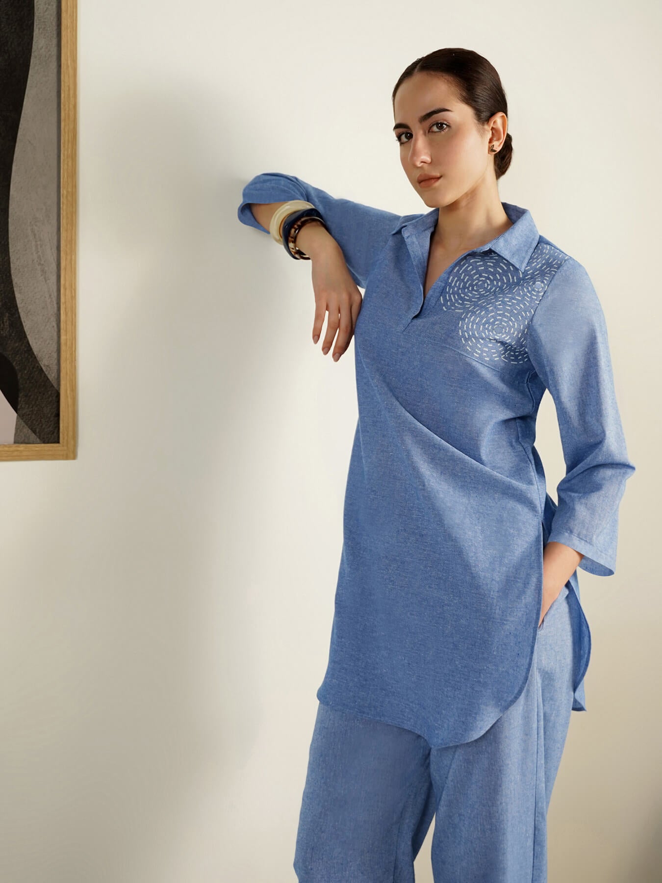 Cotton Geometric Placement Print Co-Ord Set - Blue
