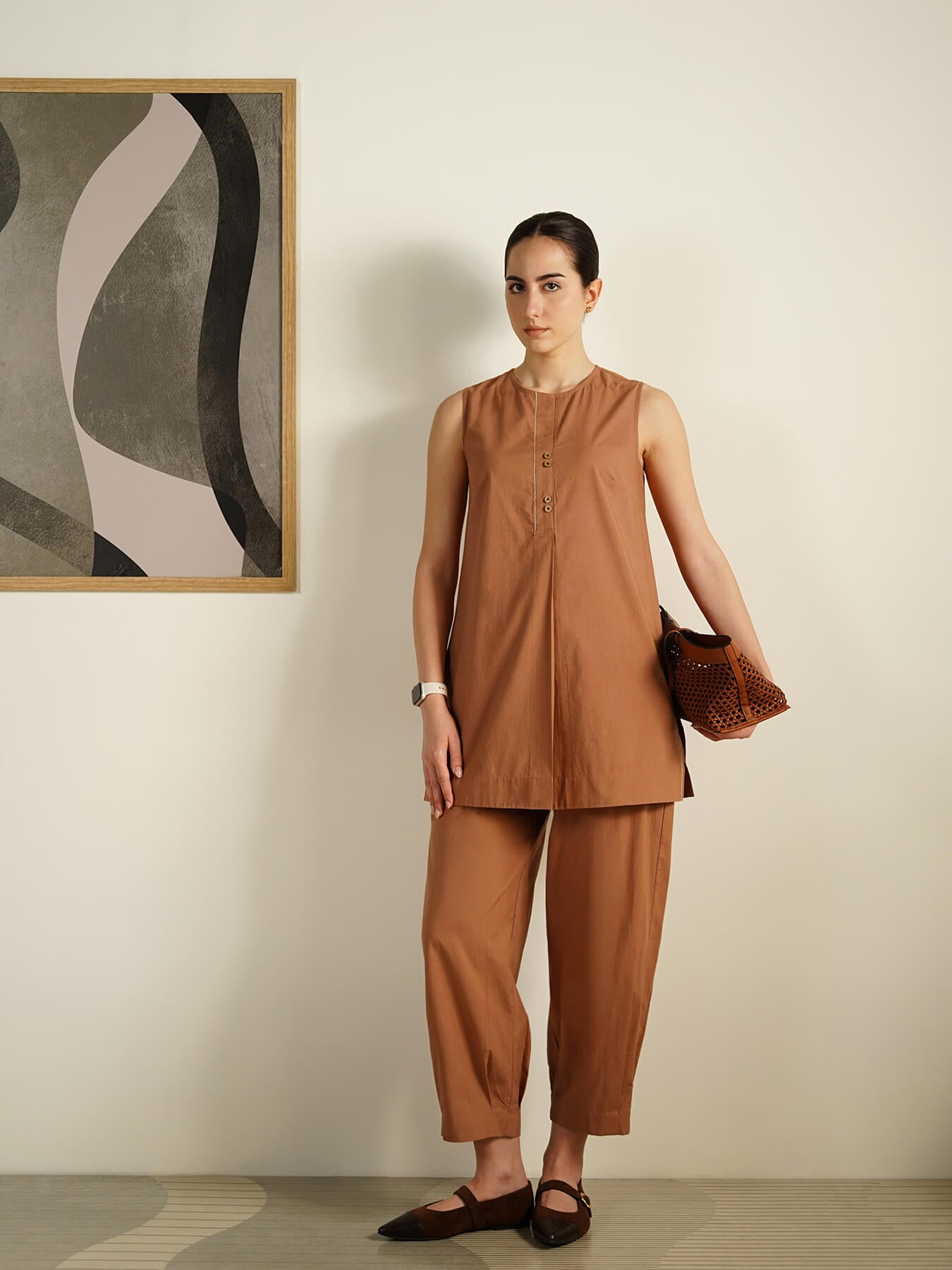 Cotton Solid Round Neck Co-Ord Set - Rust