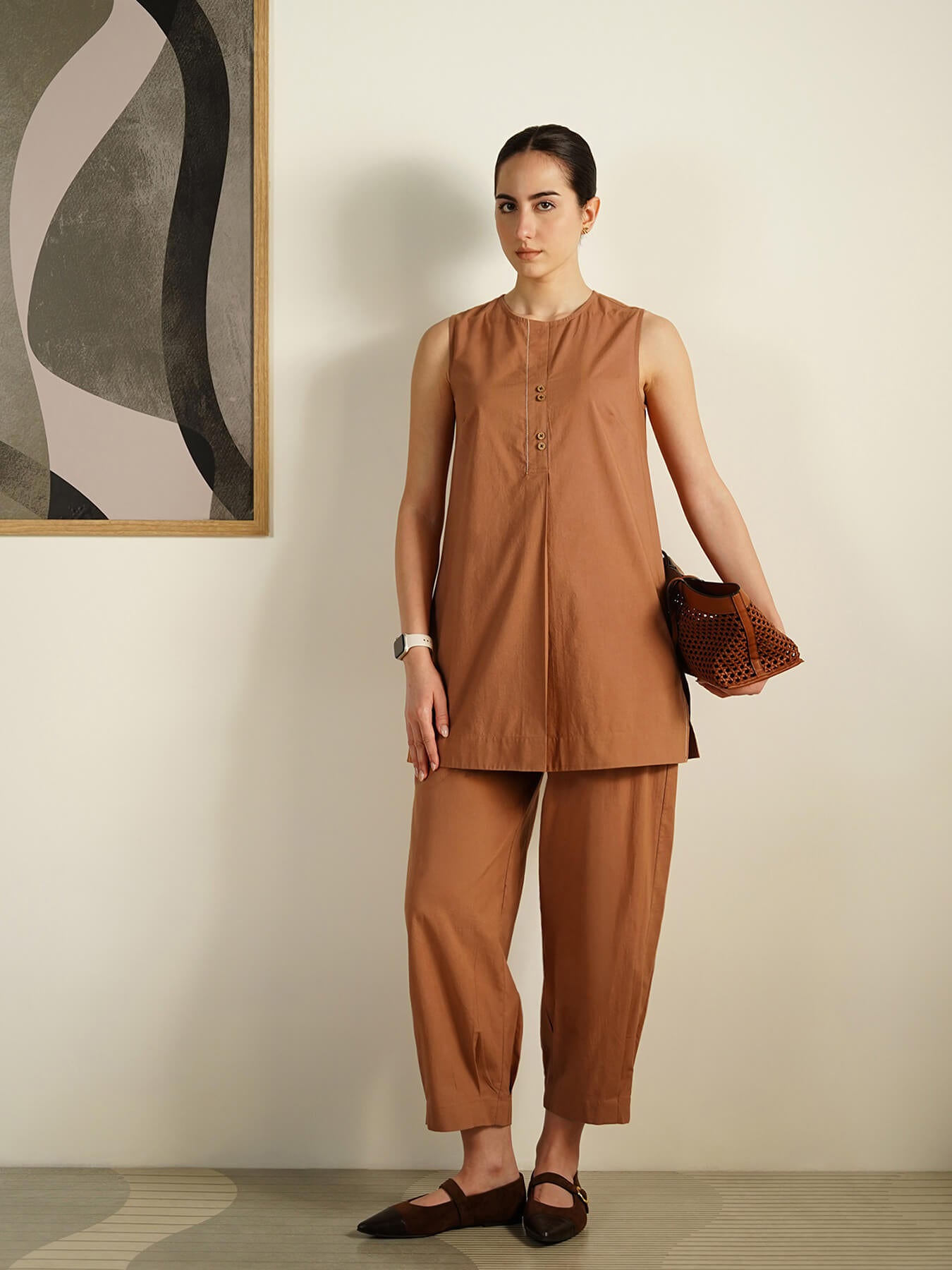 Cotton Solid Round Neck Co-Ord Set - Rust