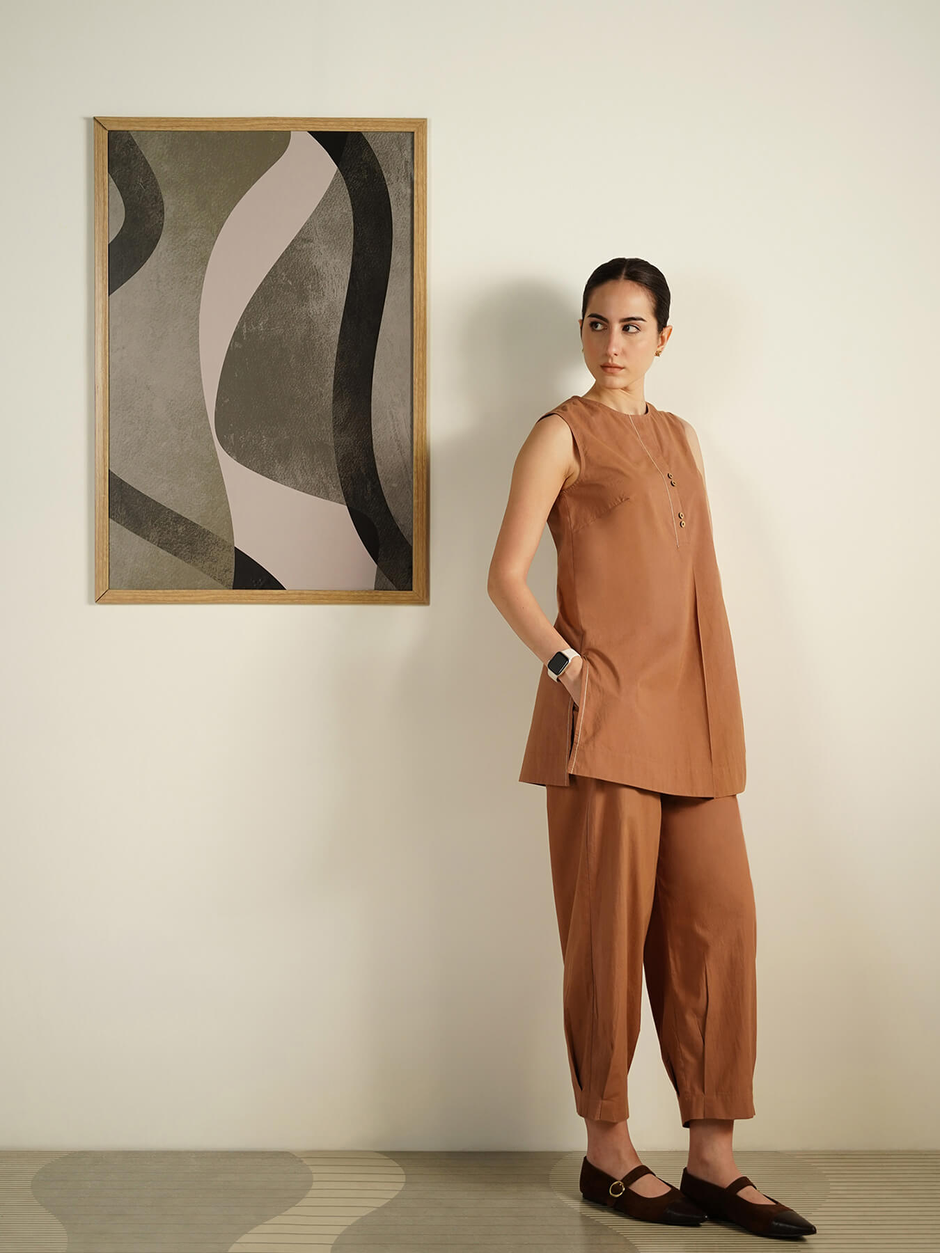 Cotton Solid Round Neck Co-Ord Set - Rust