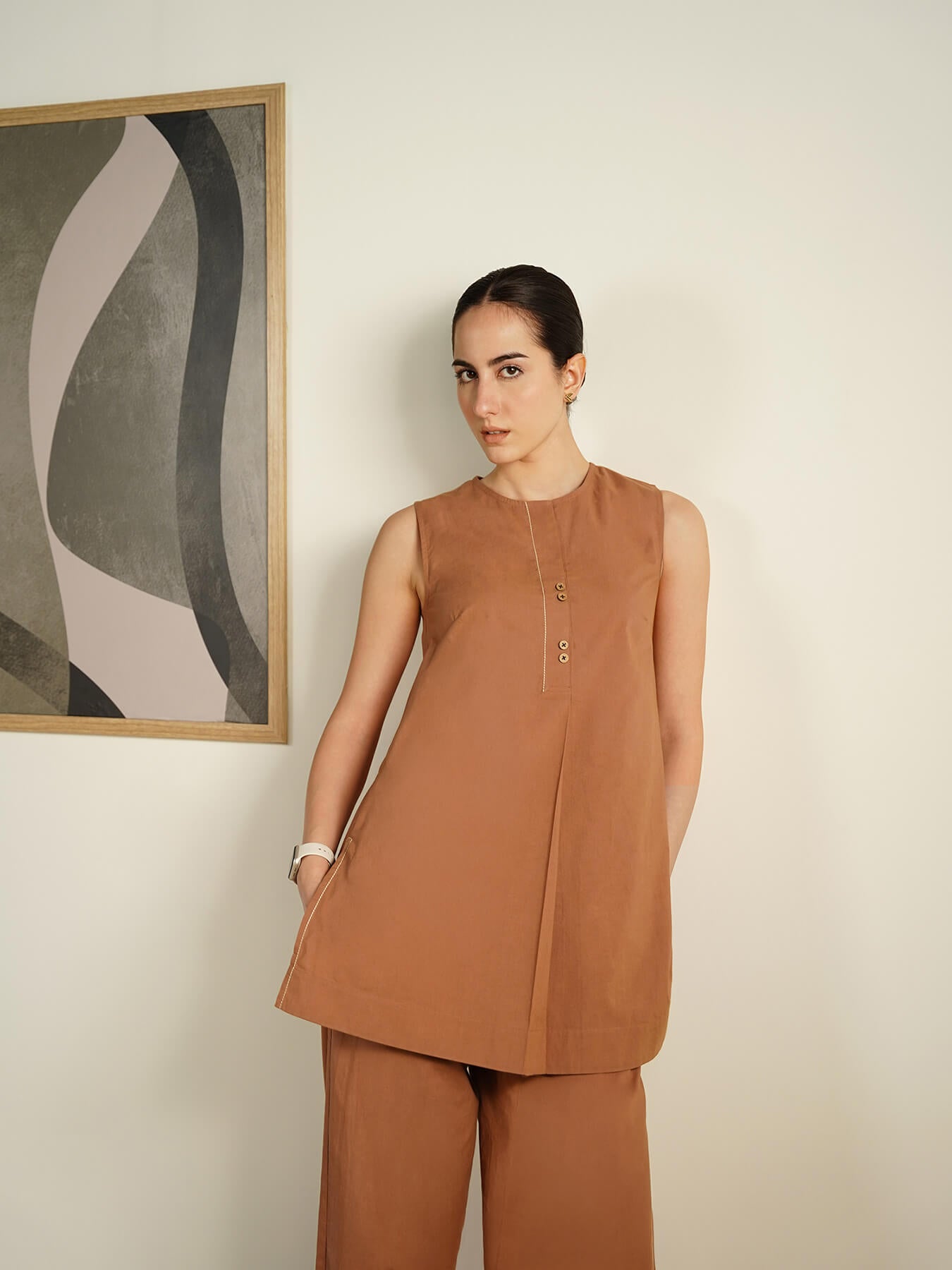 Cotton Solid Round Neck Co-Ord Set - Rust