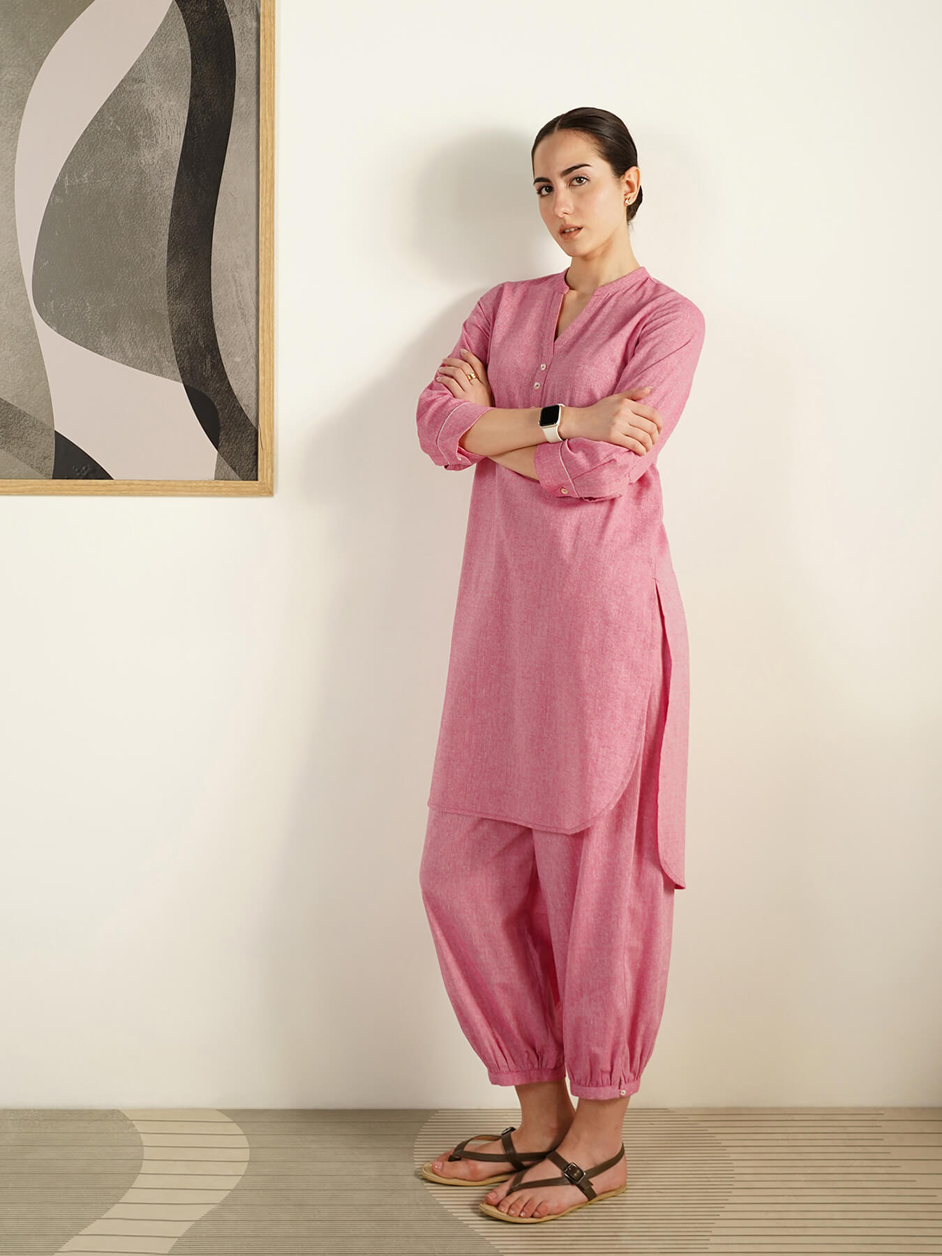 Cotton Woven Design Co-Ord Set - Pink
