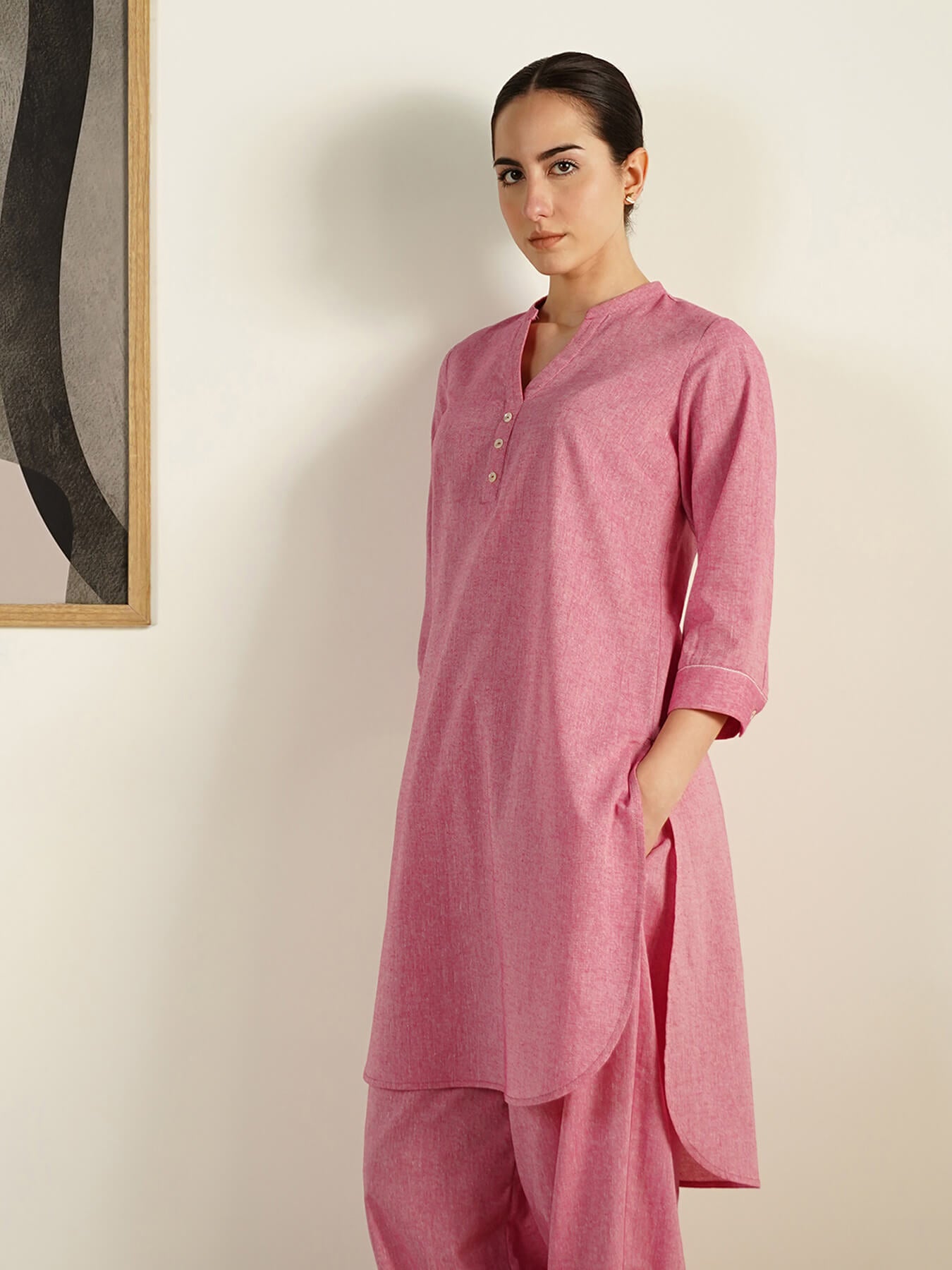 Cotton Woven Design Co-Ord Set - Pink
