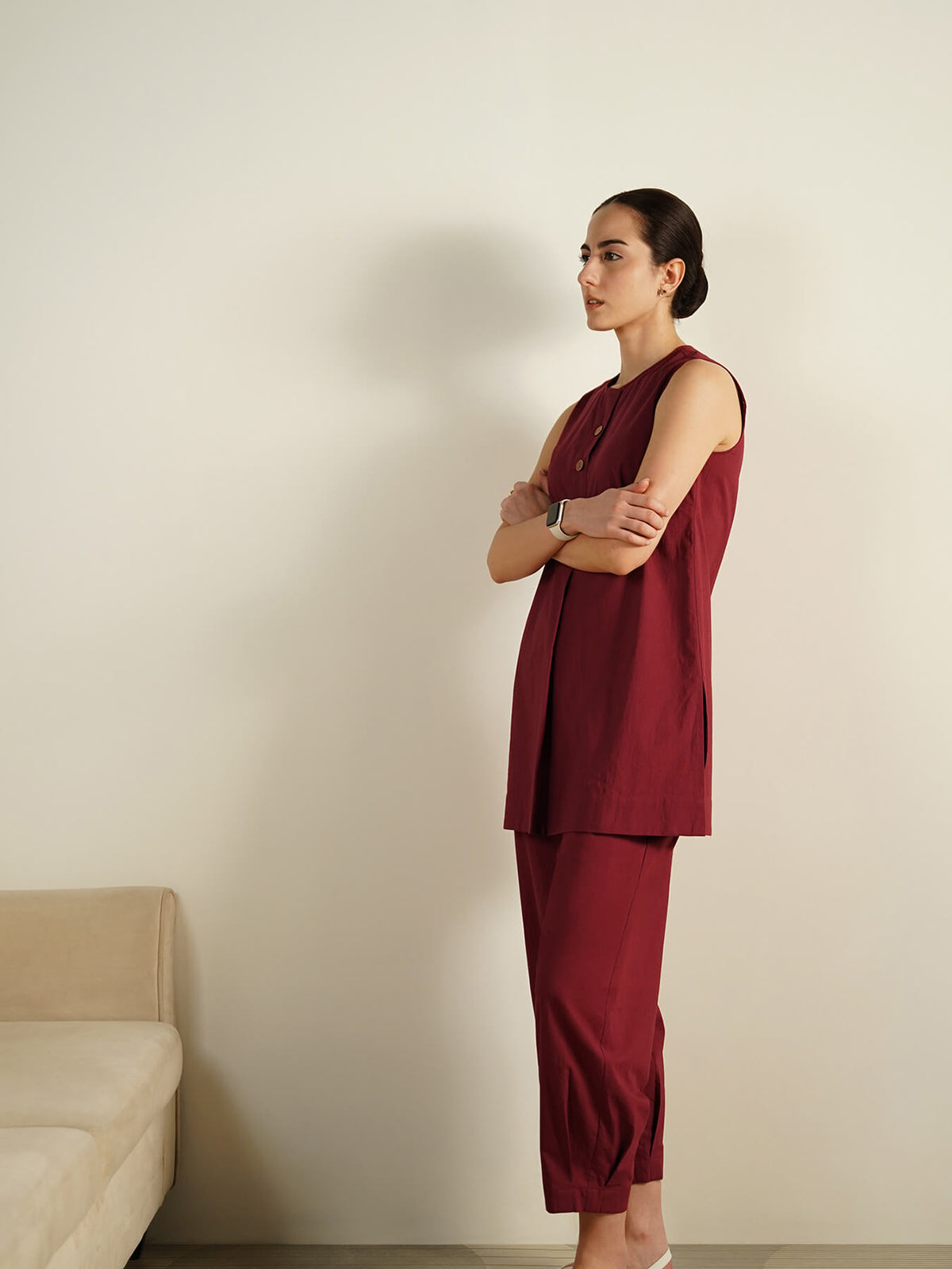 Cotton Solid Sleeveless Co-ord Set - Maroon