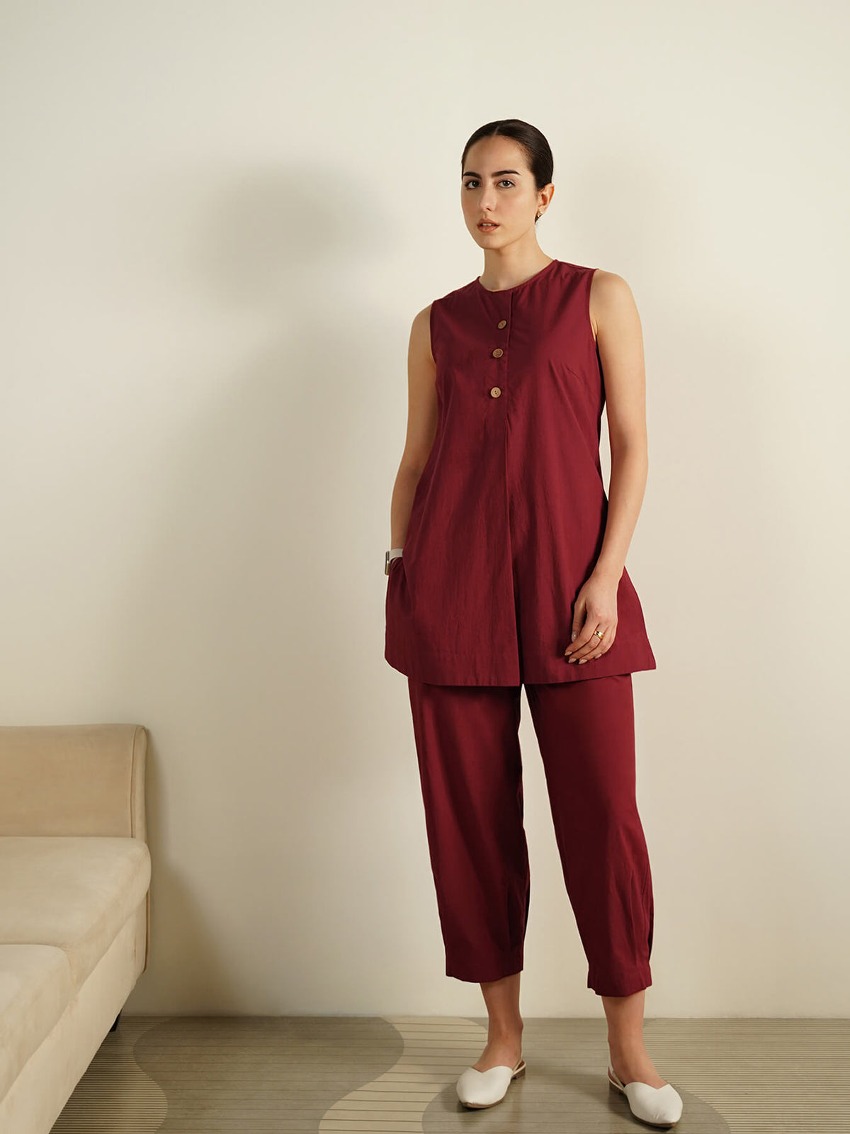 Cotton Solid Sleeveless Co-ord Set - Maroon