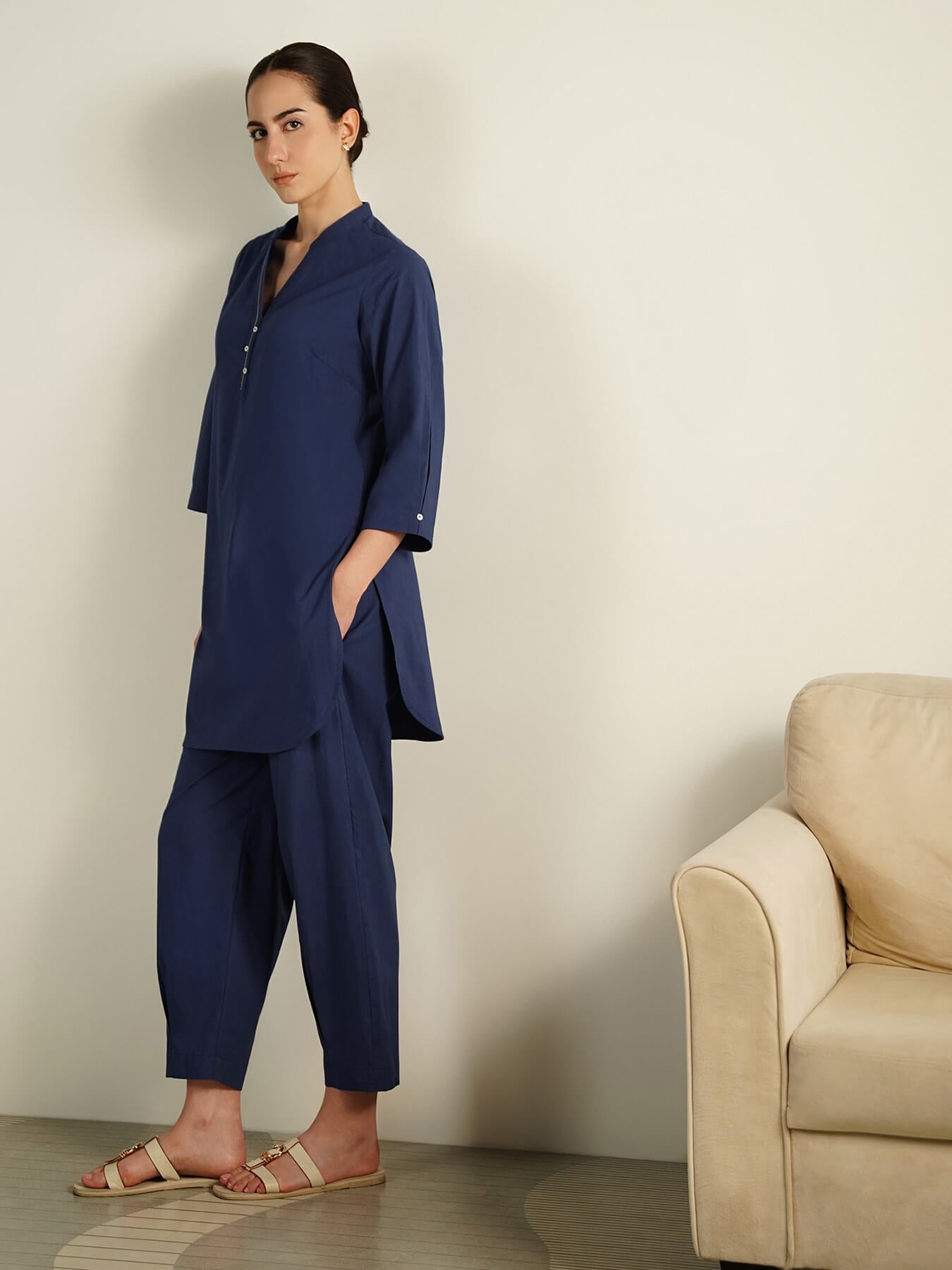 Cotton Solid Co-Ord Set - Navy Blue
