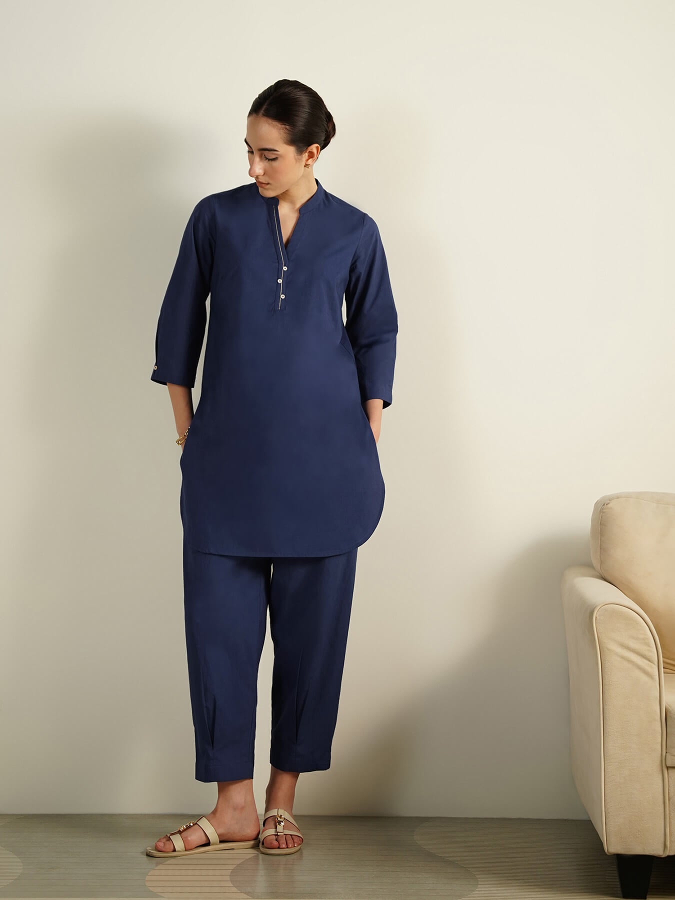 Cotton Solid Co-Ord Set - Navy Blue
