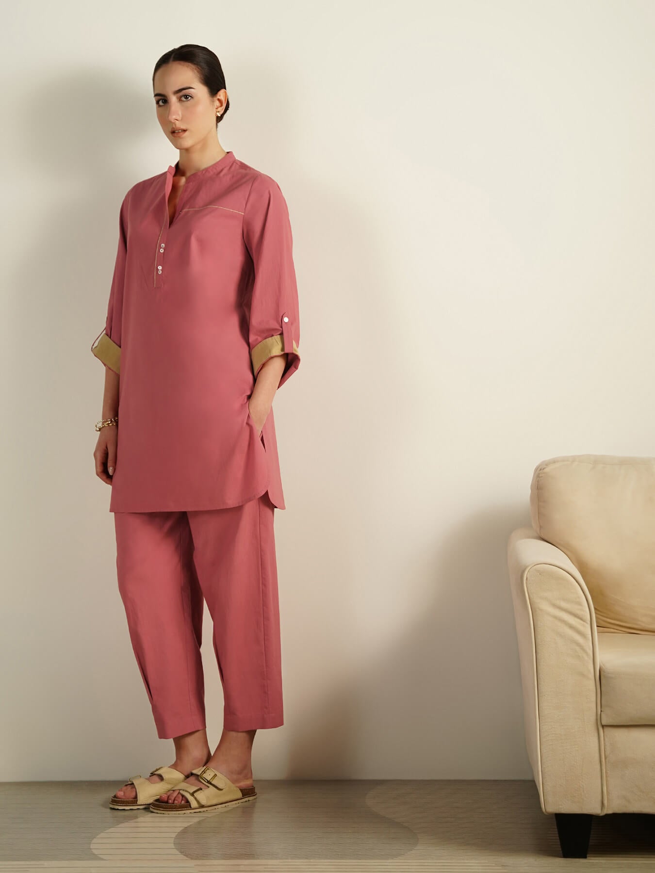Cotton Colourblock Co-Ord Set - Peach and Beige