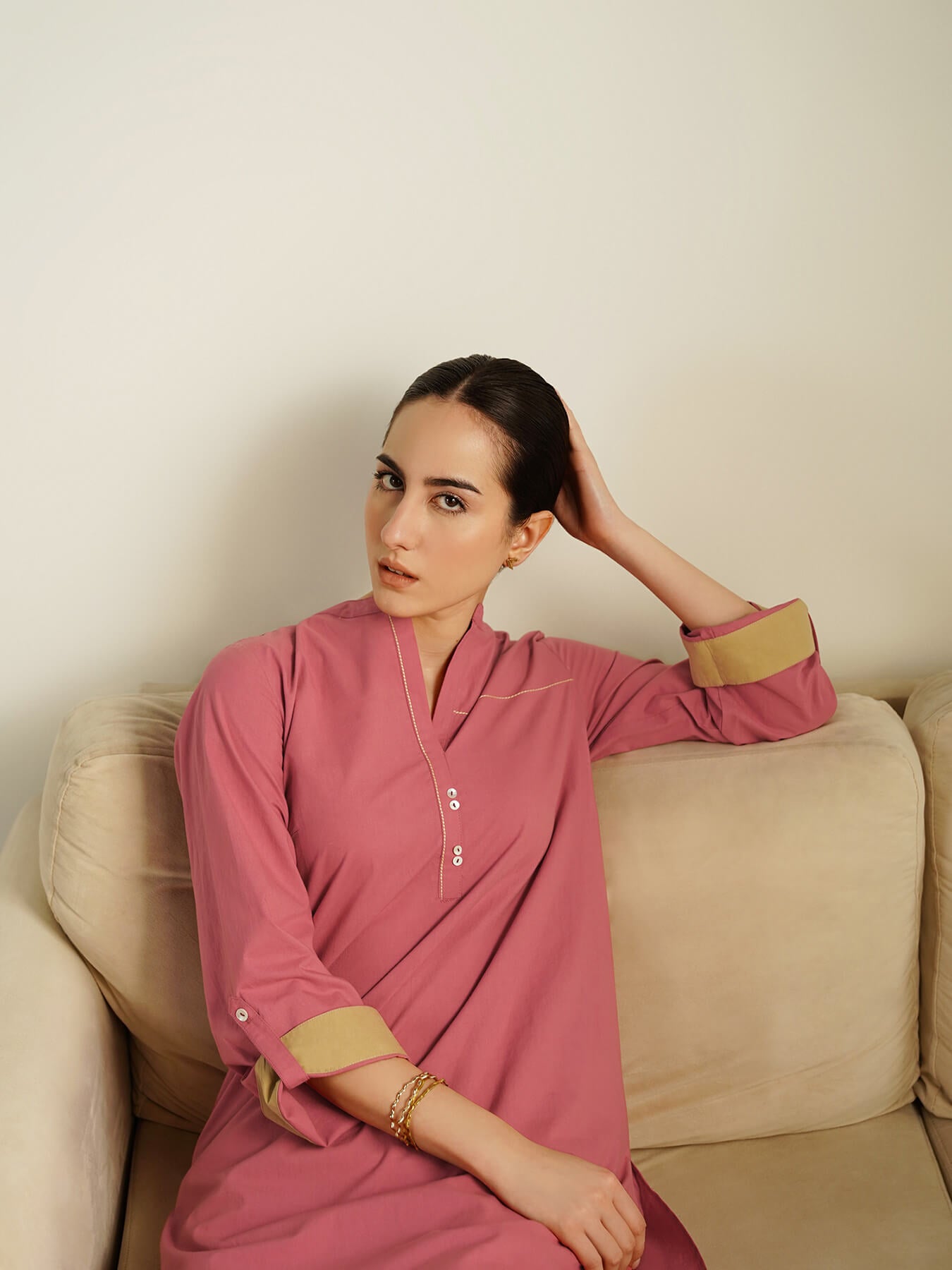 Cotton Colourblock Co-Ord Set - Peach and Beige