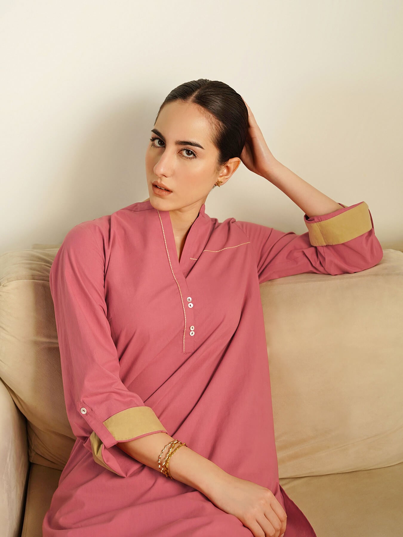 Cotton Colourblock Co-Ord Set - Peach and Beige