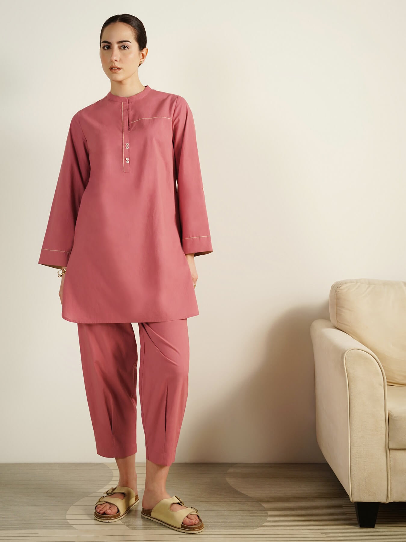 Cotton Colourblock Co-Ord Set - Peach and Beige