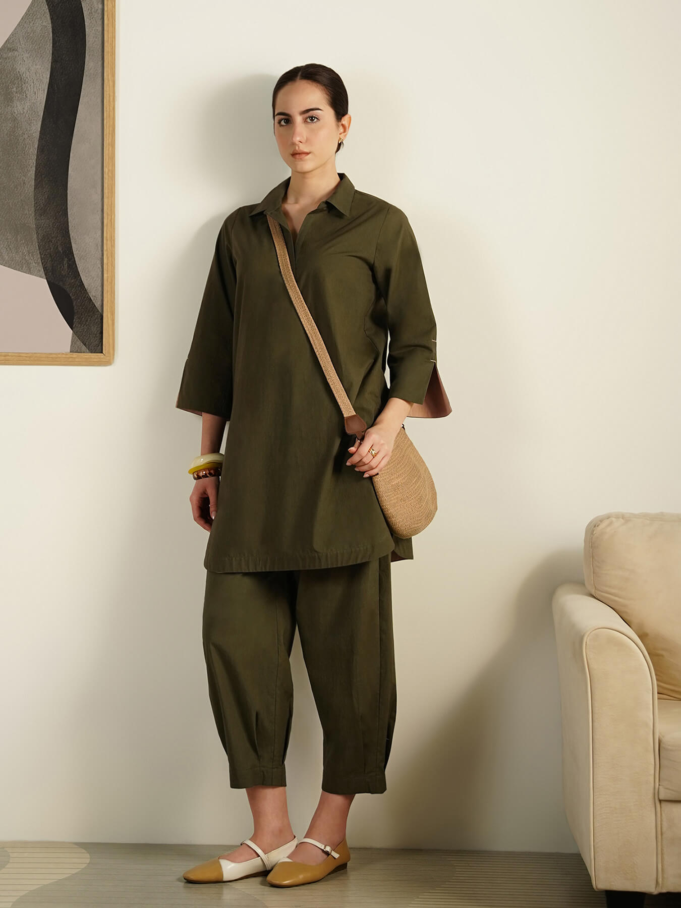 Cotton Colourblock Shirt Collar Co-Ord Set - Olive and Beige
