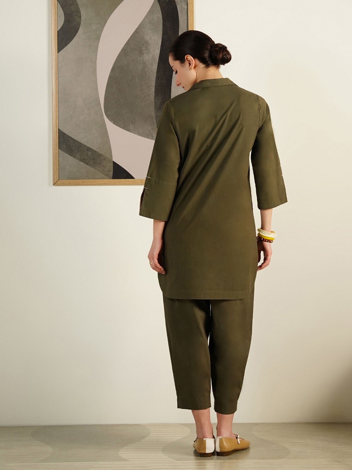 Cotton Colourblock Shirt Collar Co-Ord Set - Olive and Beige