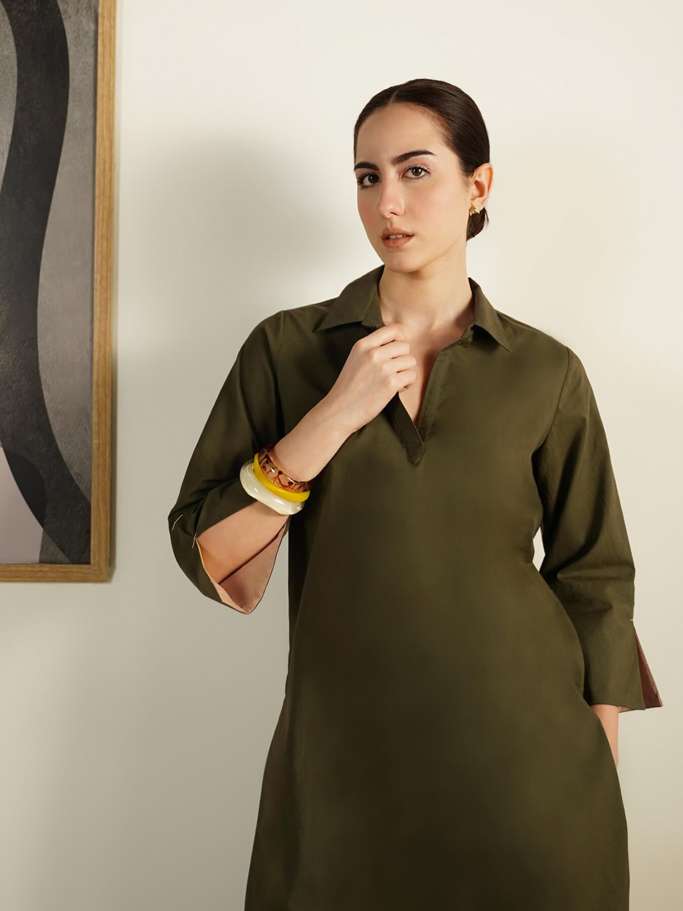 Cotton Colourblock Shirt Collar Co-Ord Set - Olive and Beige