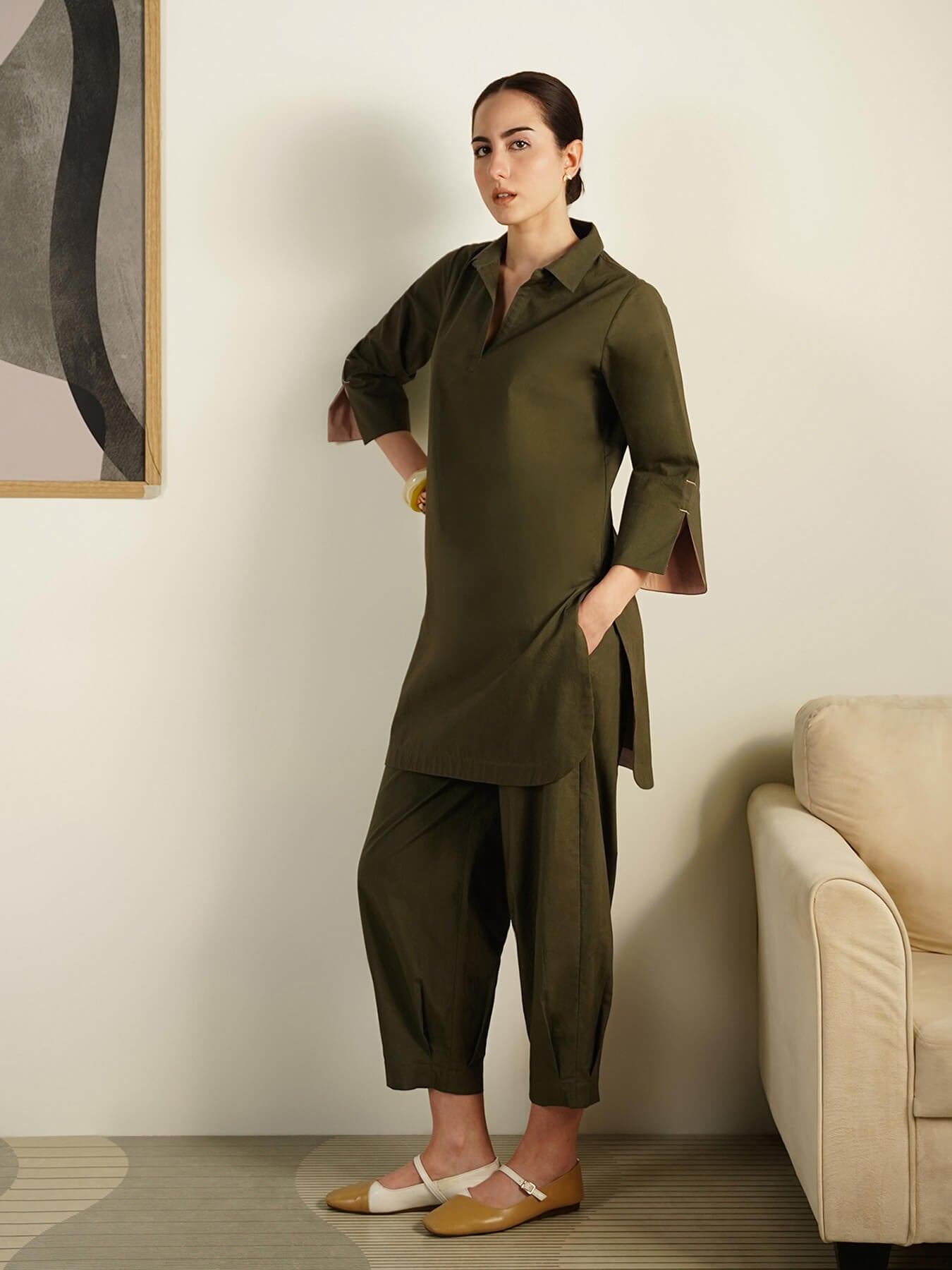 Cotton Colourblock Shirt Collar Co-Ord Set - Olive and Beige