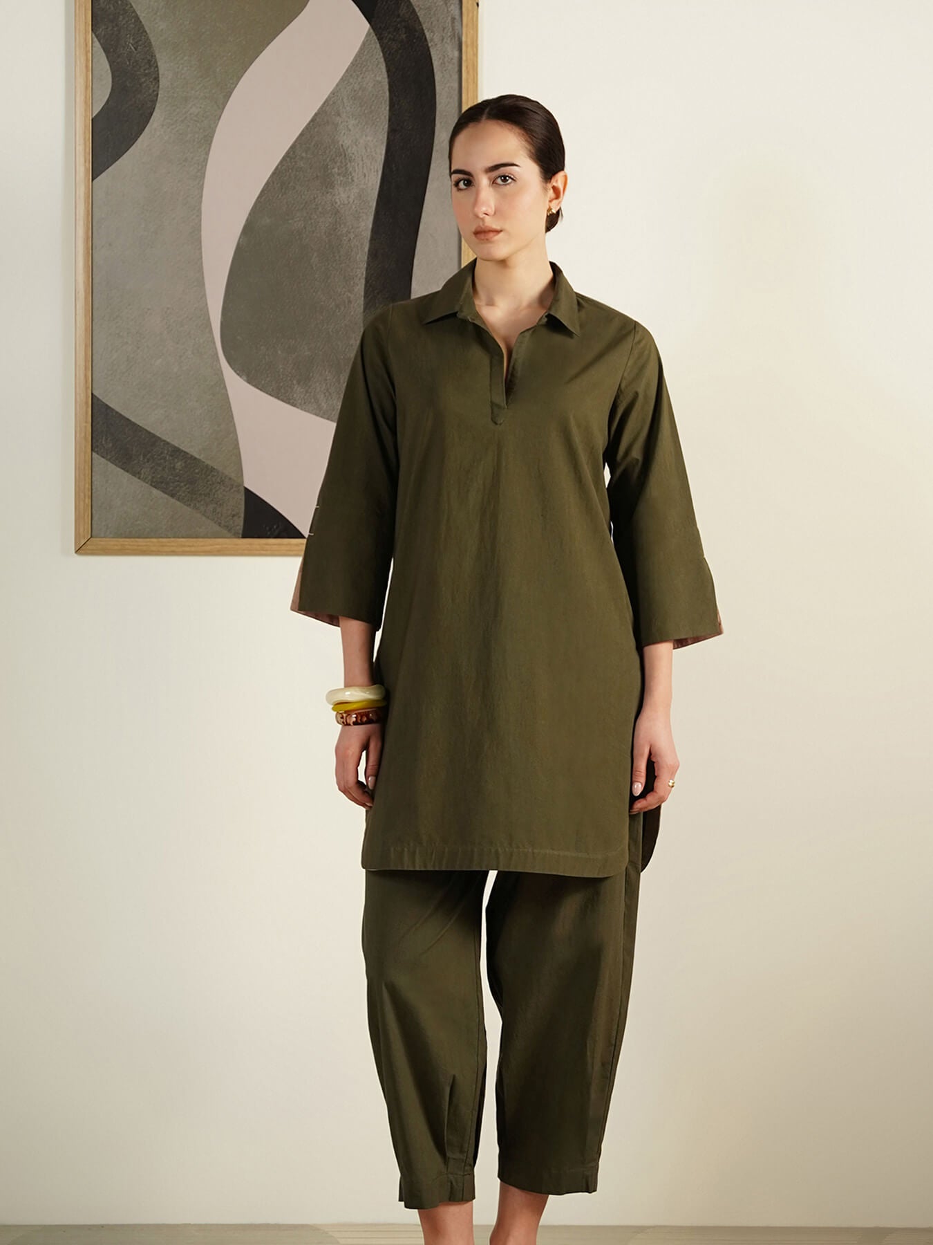 Cotton Colourblock Shirt Collar Co-Ord Set - Olive and Beige
