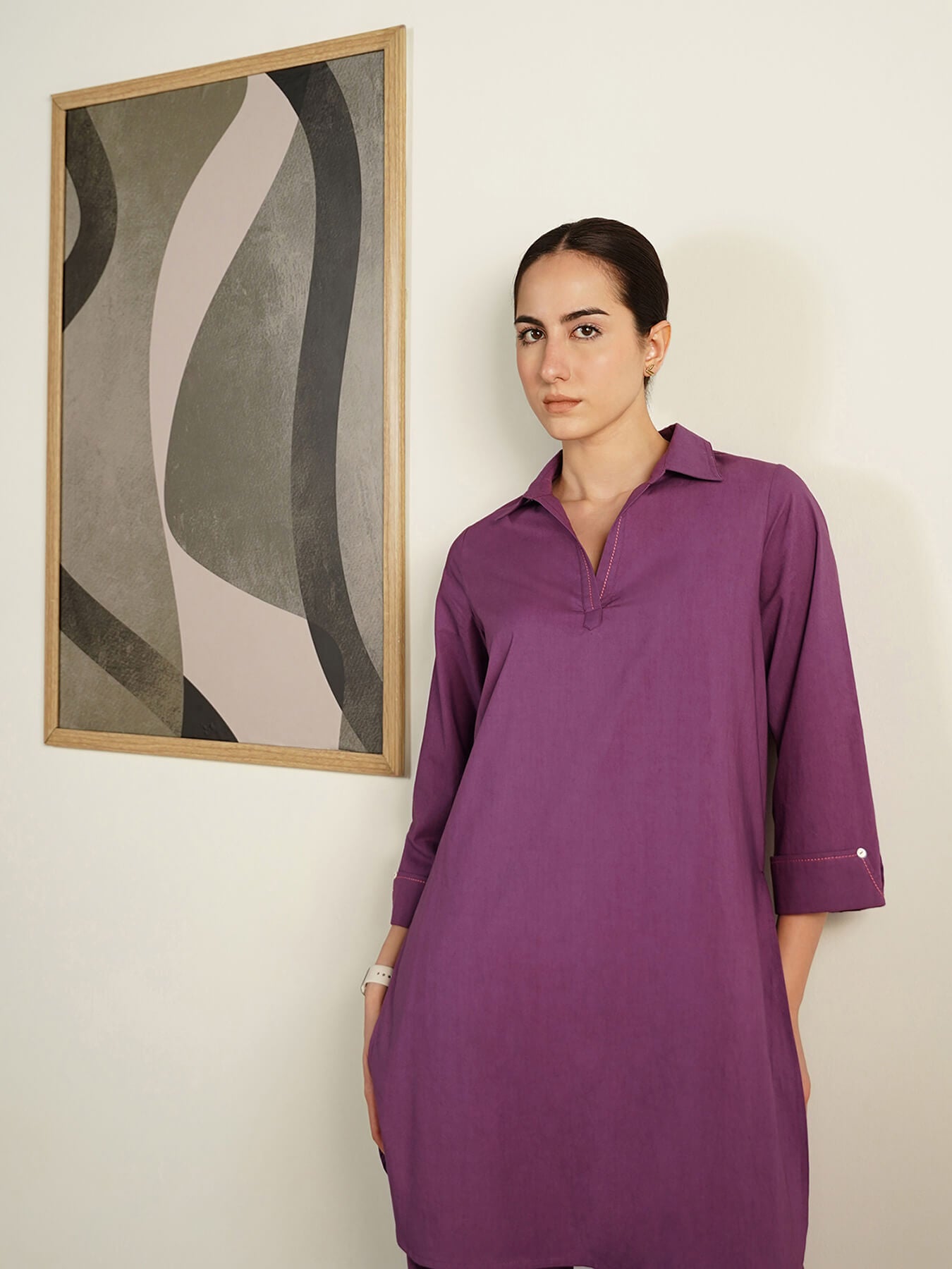 Cotton Solid Shirt Collar Co-Ord Set - Lavender