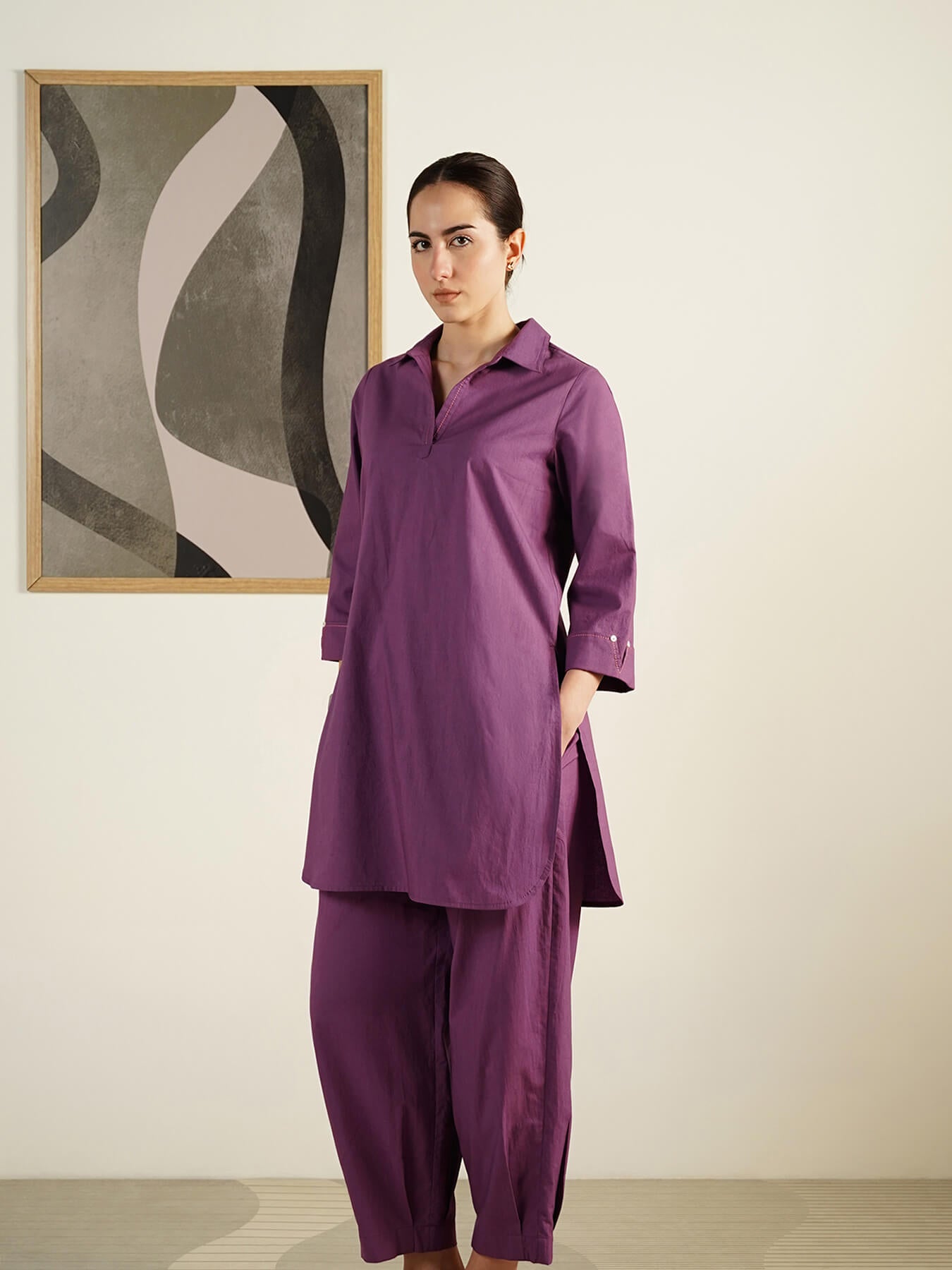 Cotton Solid Shirt Collar Co-Ord Set - Lavender