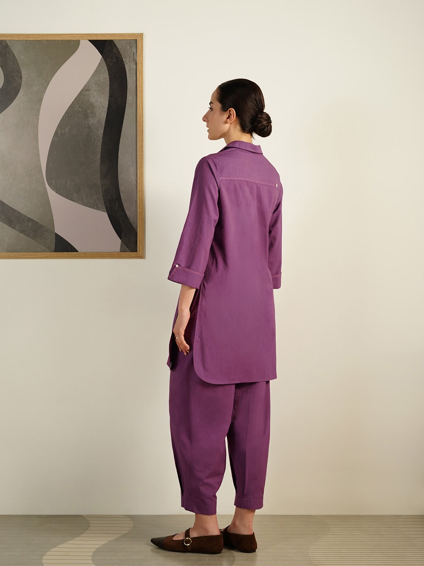 Cotton Solid Shirt Collar Co-Ord Set - Lavender