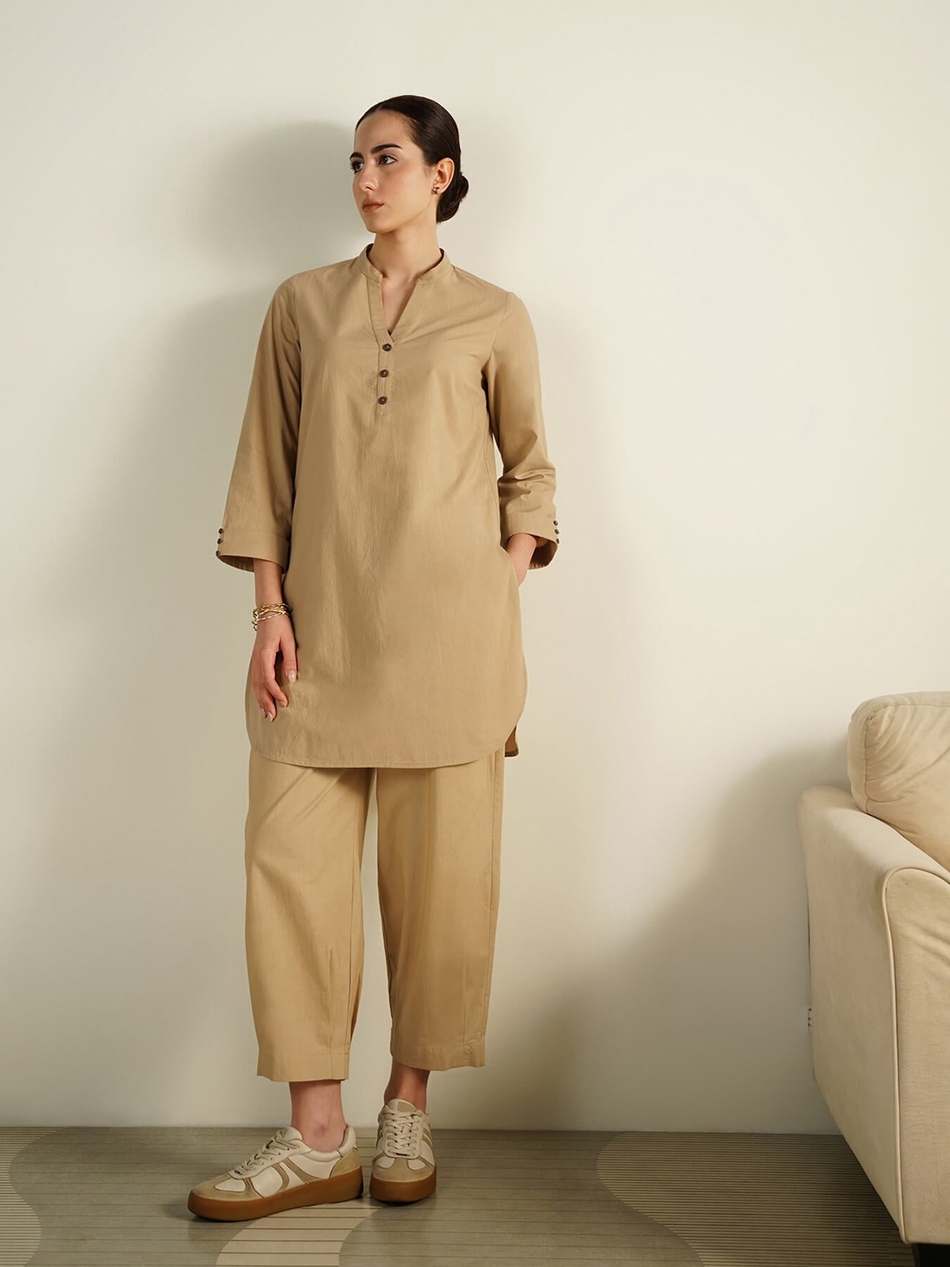 Cotton Solid Mandarin Collar Co-Ord Set - Beige