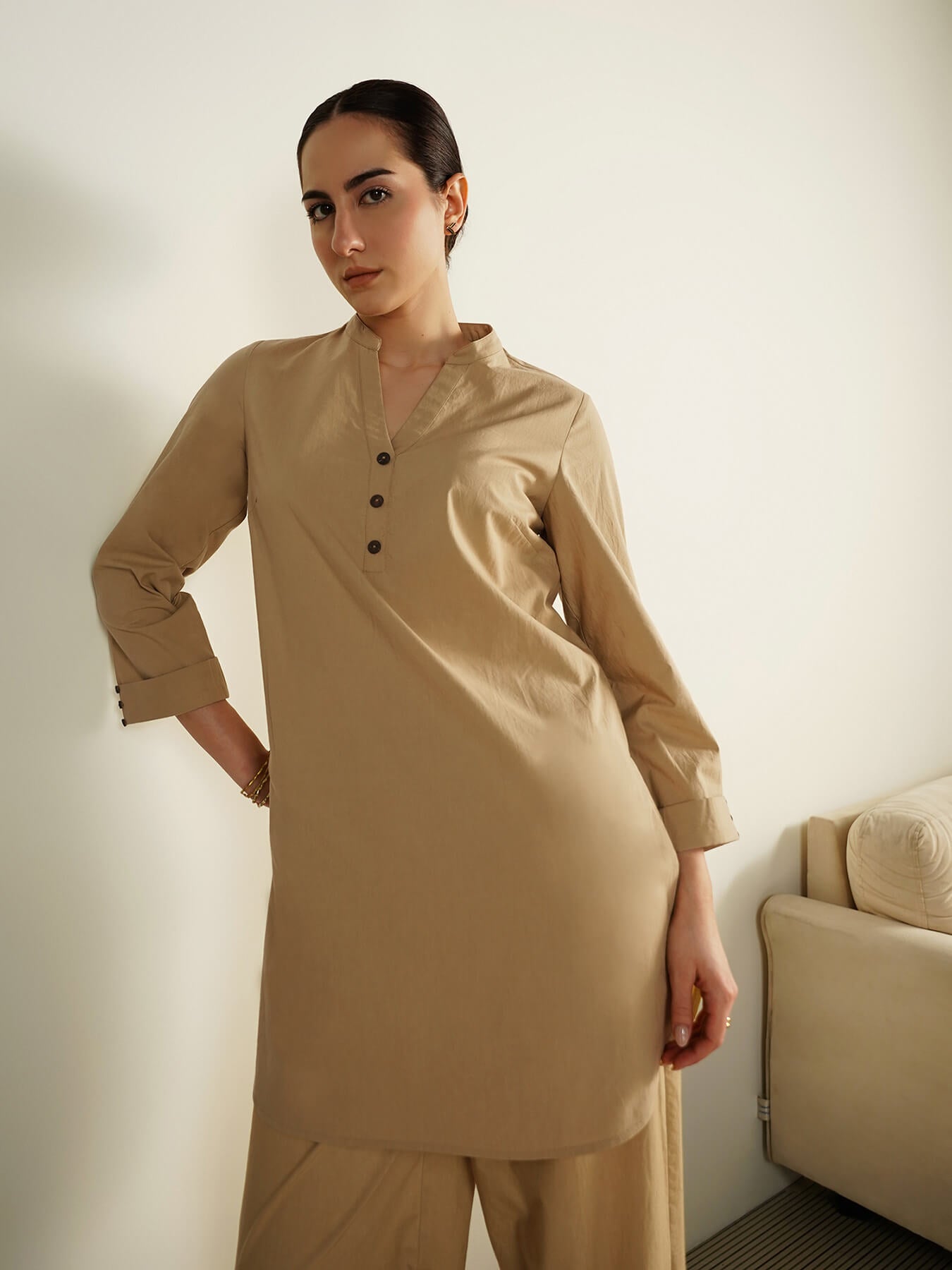 Cotton Solid Mandarin Collar Co-Ord Set - Beige