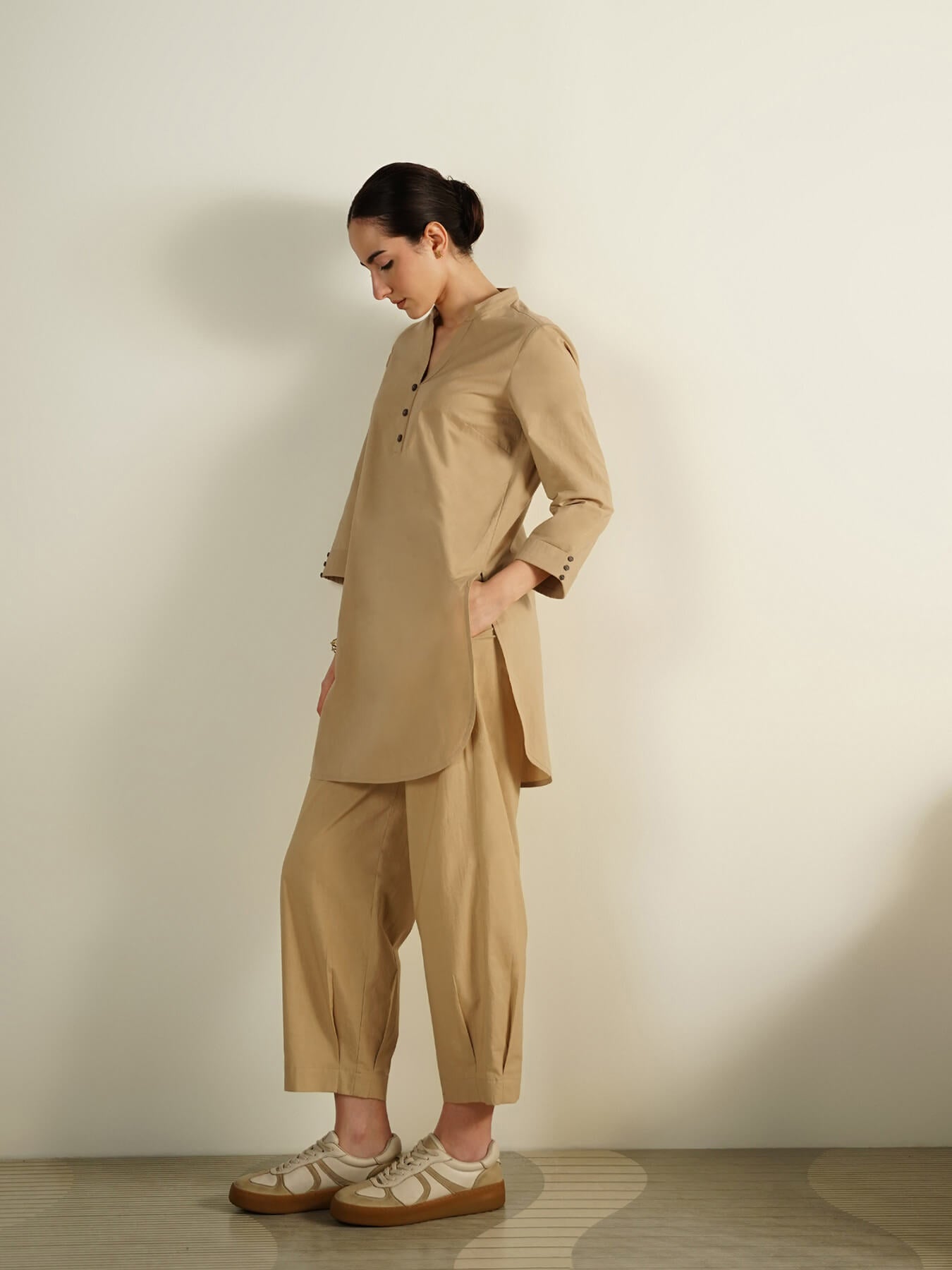 Cotton Solid Mandarin Collar Co-Ord Set - Beige
