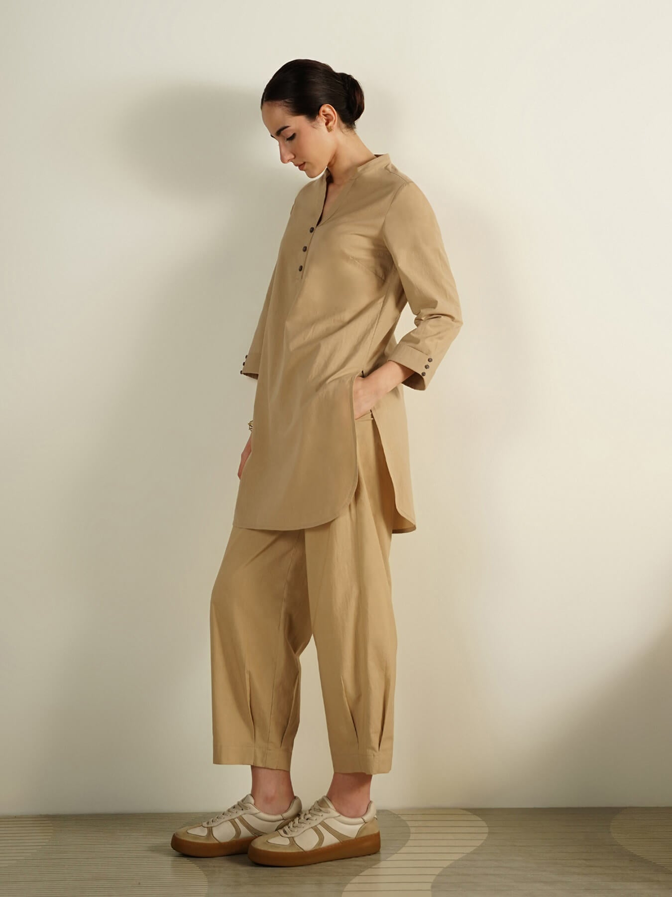 Cotton Solid Mandarin Collar Co-Ord Set - Beige