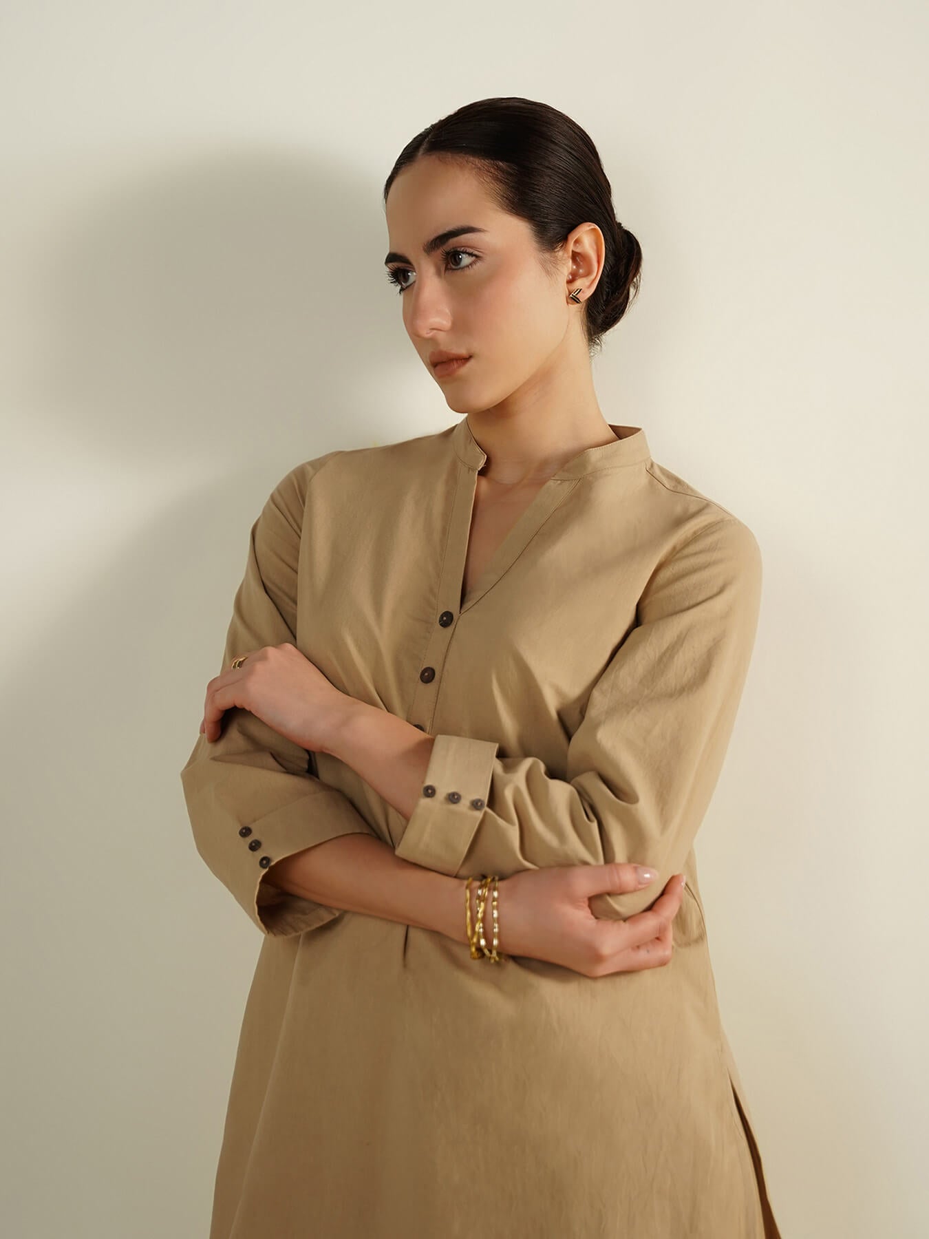 Cotton Solid Mandarin Collar Co-Ord Set - Beige