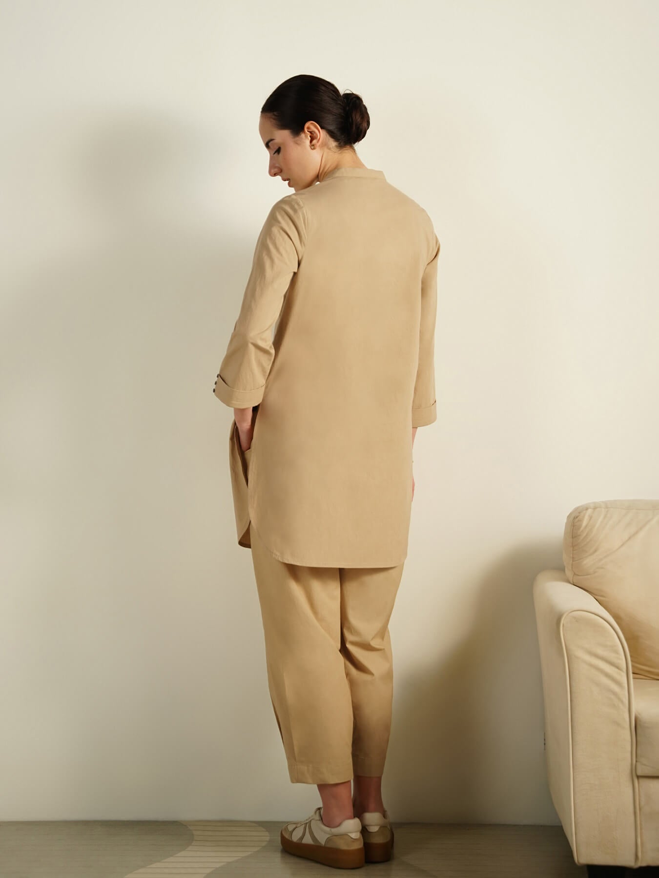 Cotton Solid Mandarin Collar Co-Ord Set - Beige