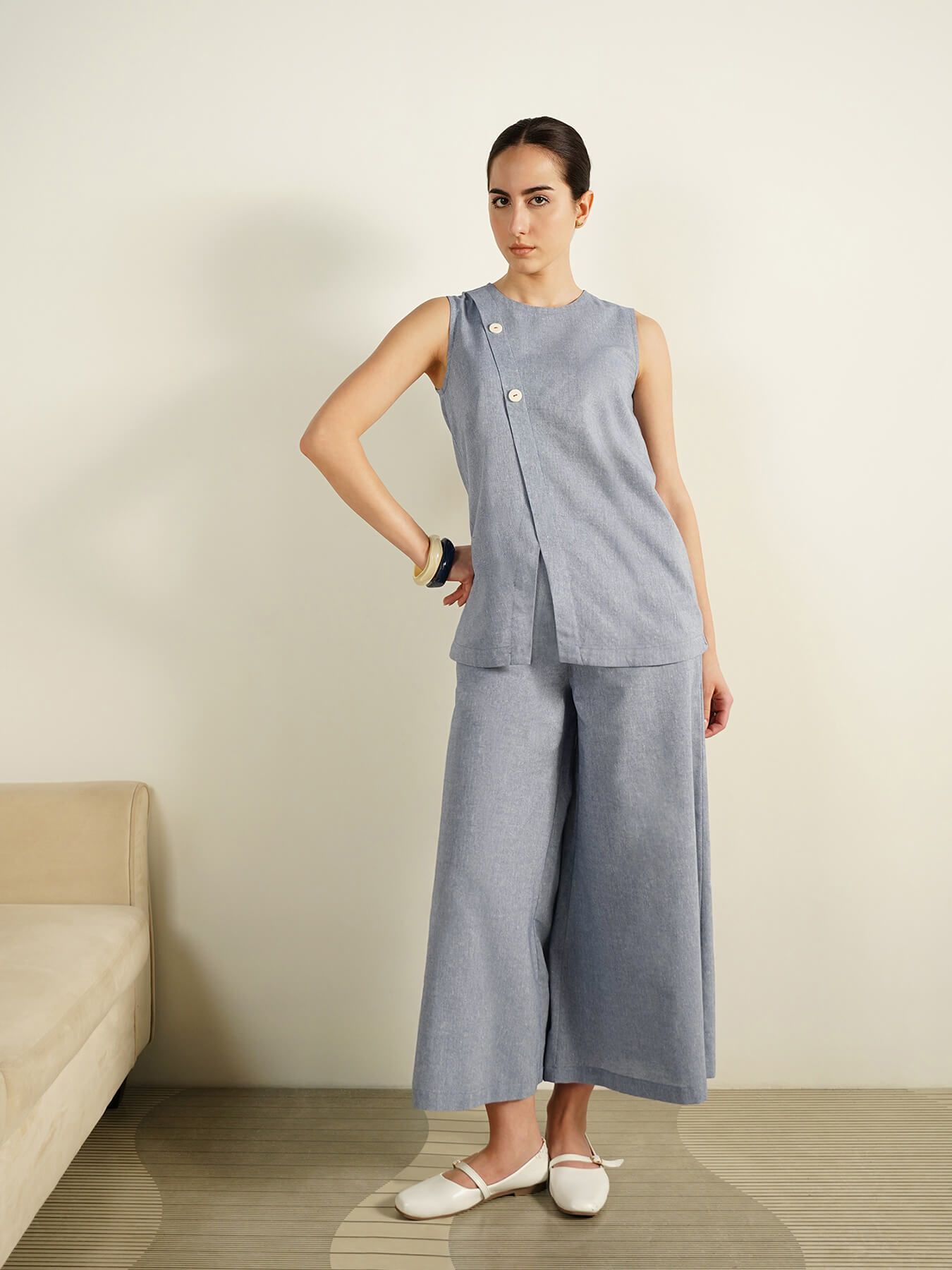 Cotton Woven Design Co-Ord Set - Grey