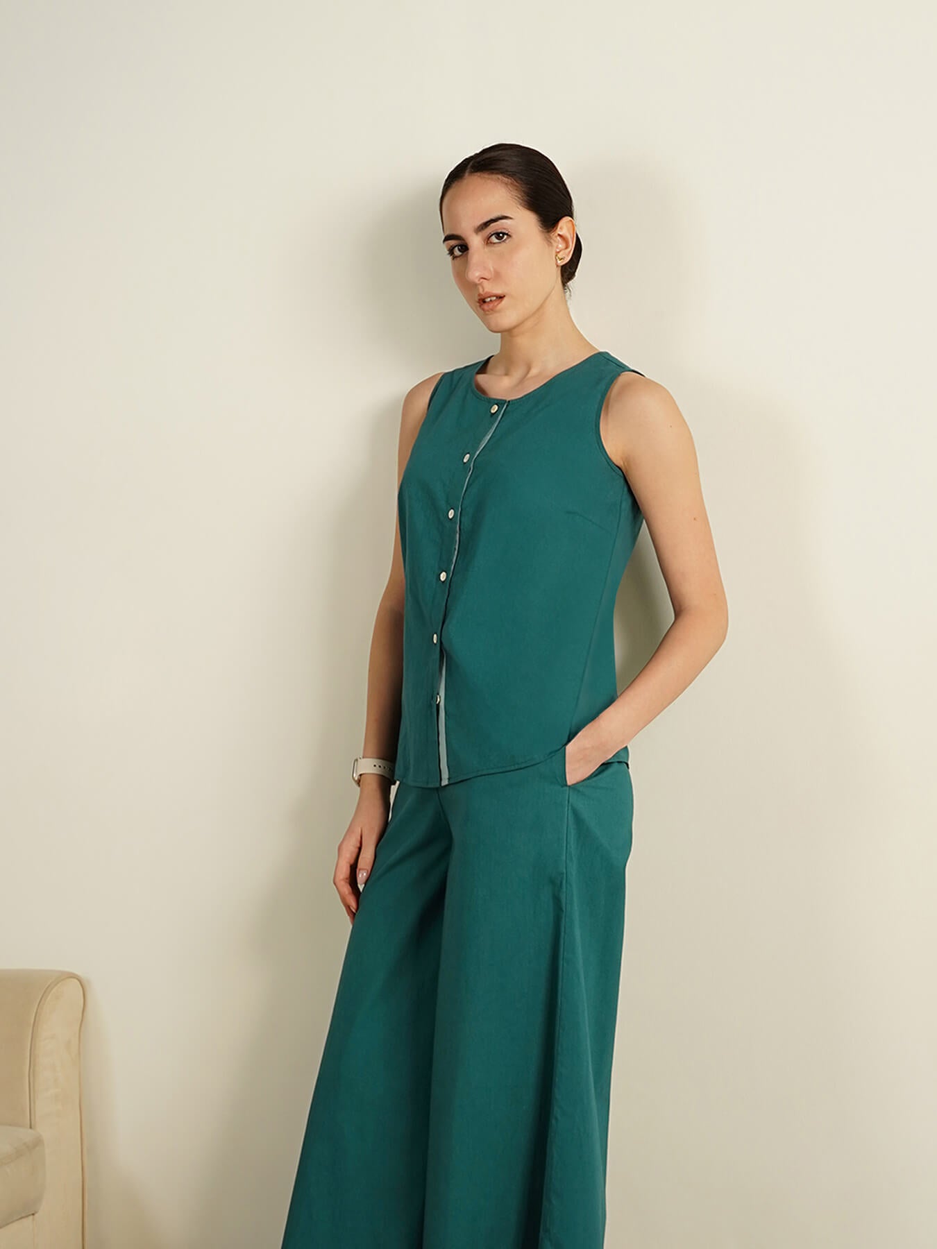 Cotton Colourblock Sleeveless Co-Ord Set - Teal