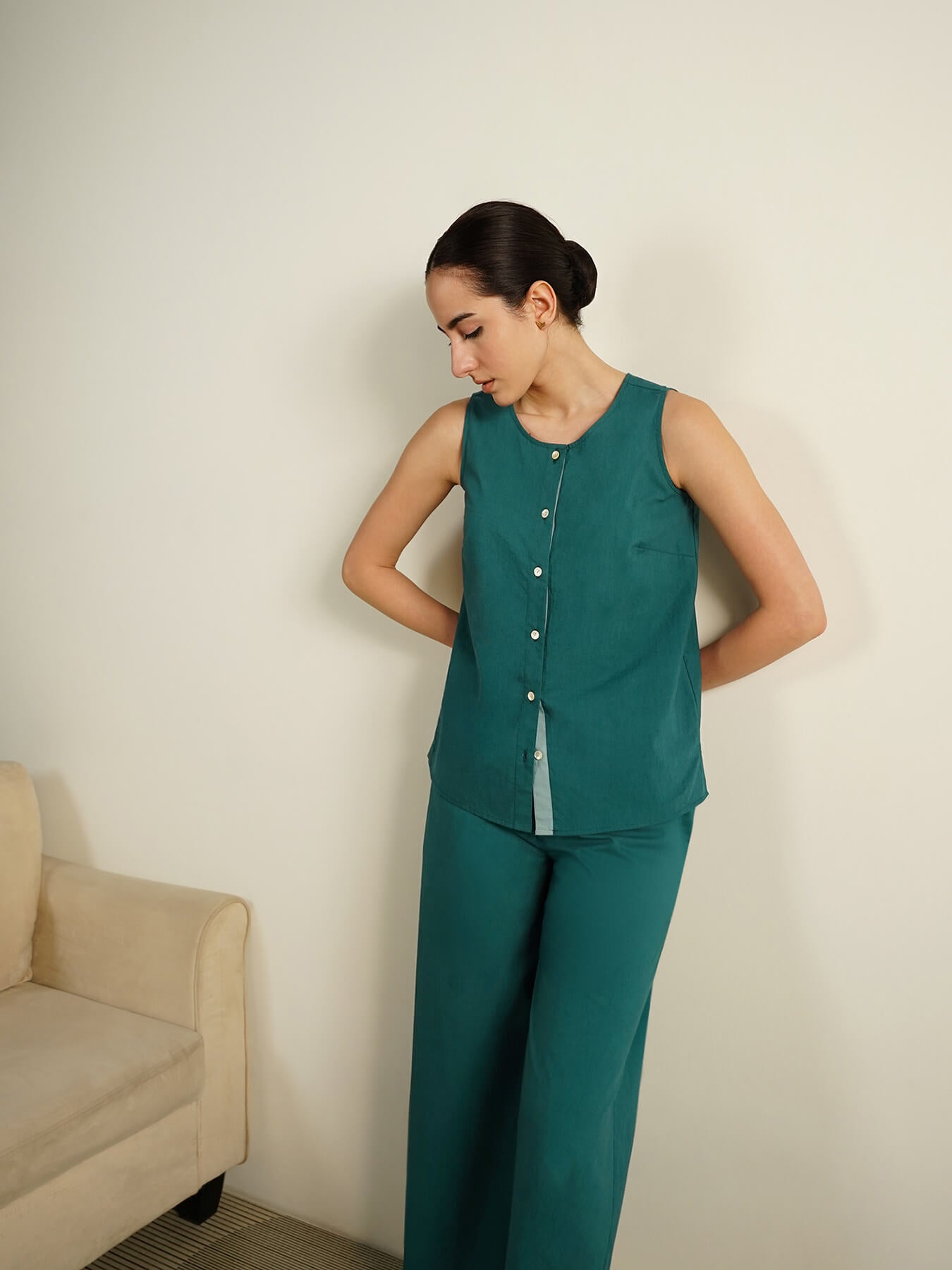 Cotton Colourblock Sleeveless Co-Ord Set - Teal