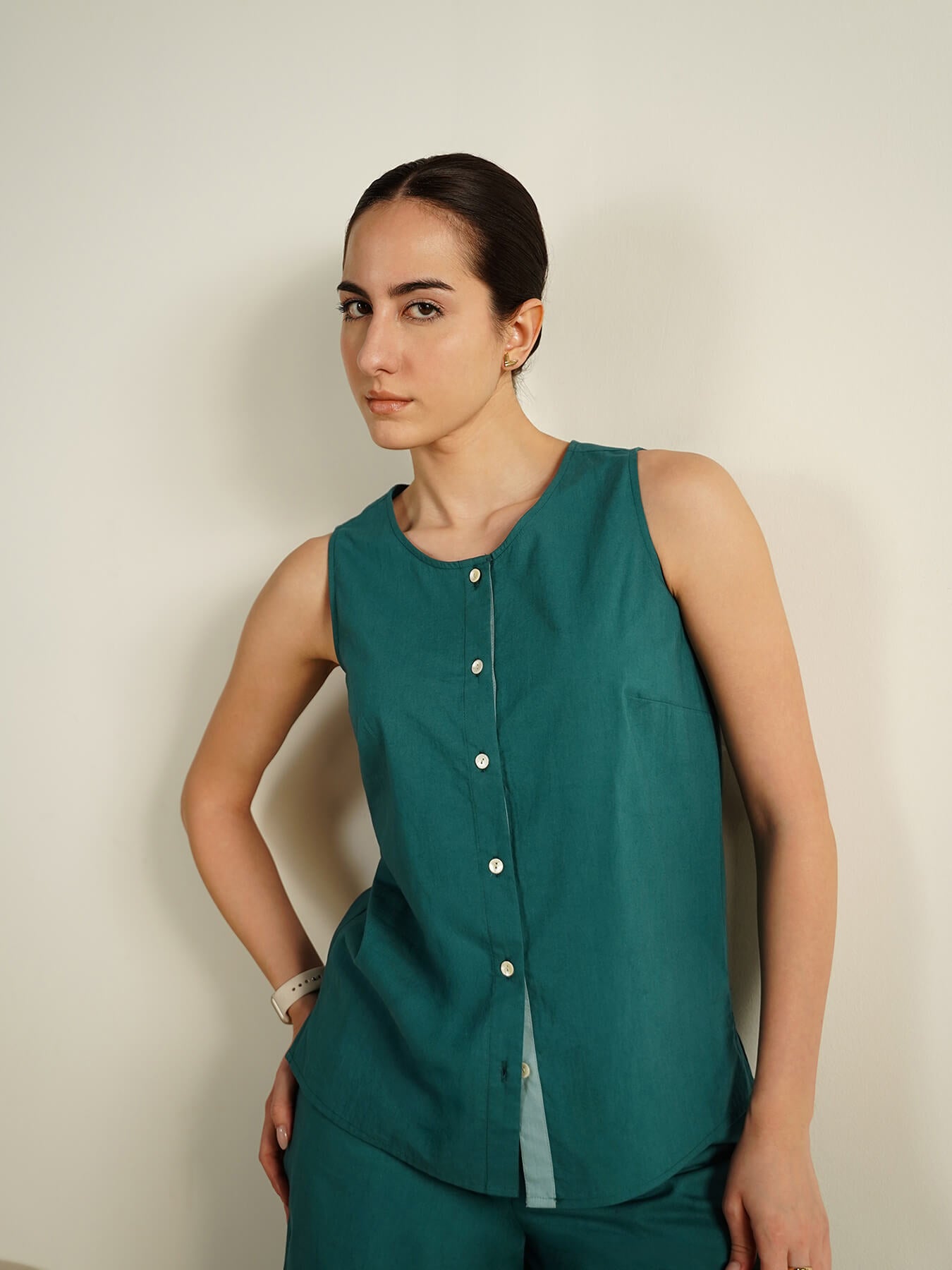 Cotton Colourblock Sleeveless Co-Ord Set - Teal