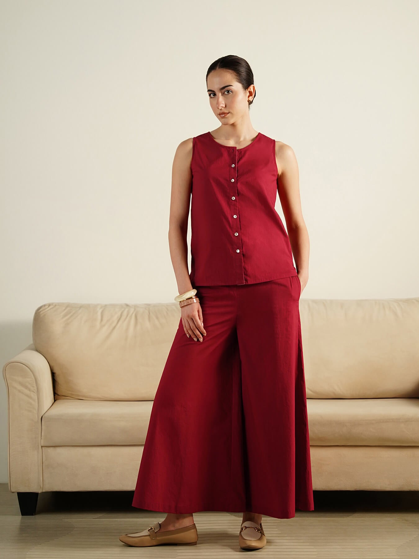 Cotton Solid Sleeveless Co-Ord Set - Red