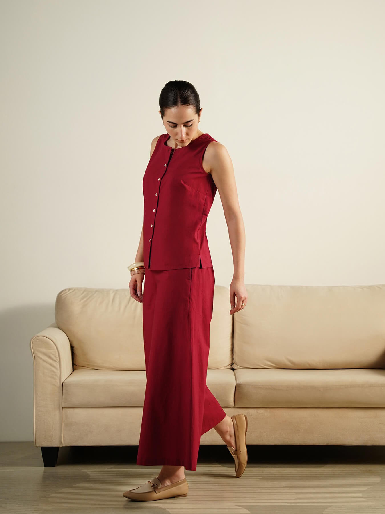 Cotton Solid Sleeveless Co-Ord Set - Red