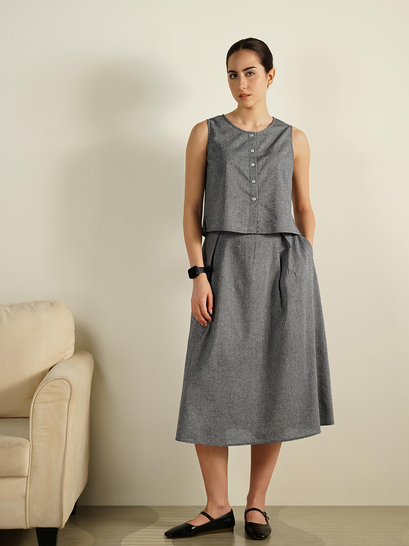 Cotton Solid Woven Design Co-Ord Set - Grey