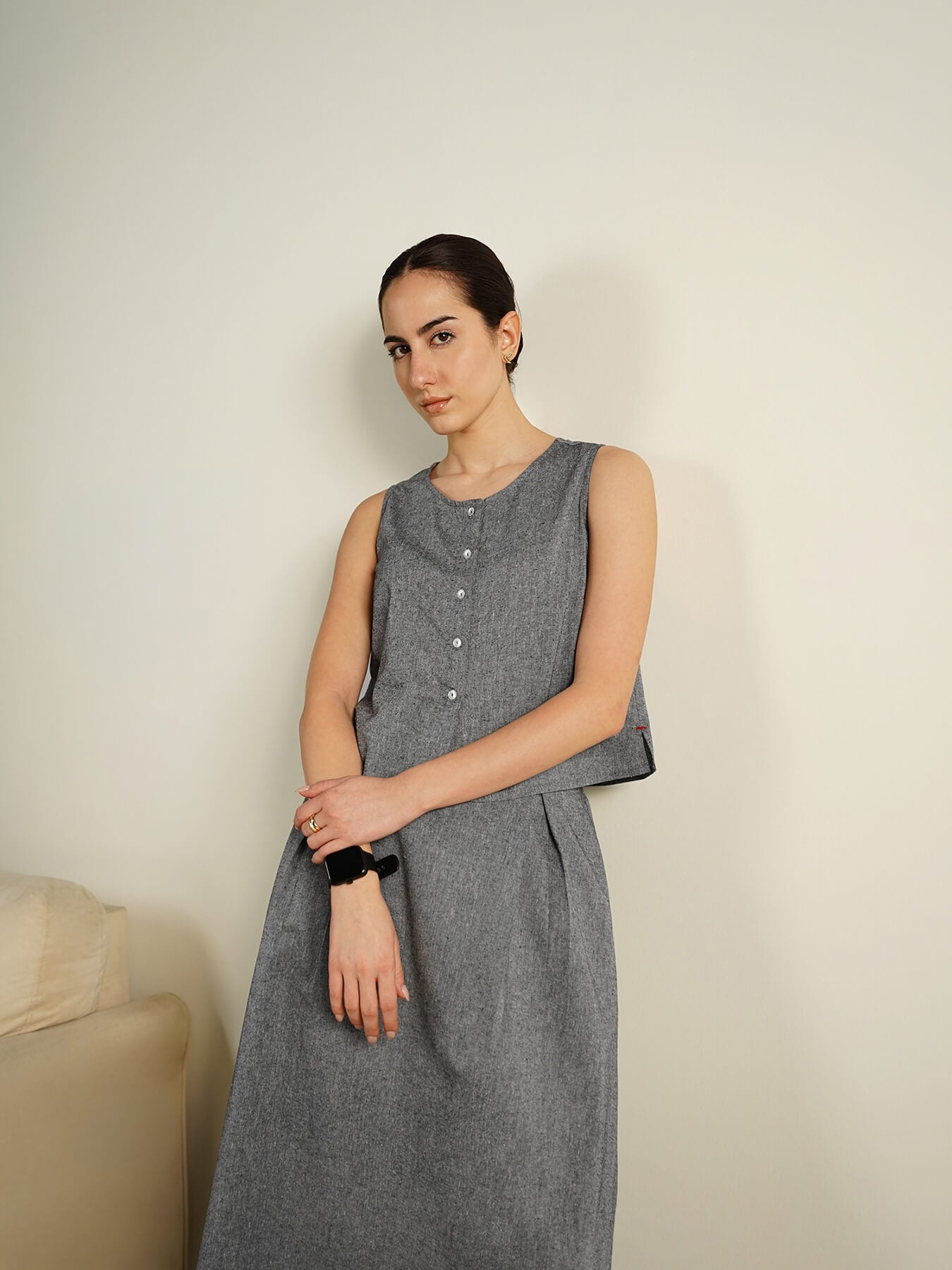 Cotton Solid Woven Design Co-Ord Set - Grey