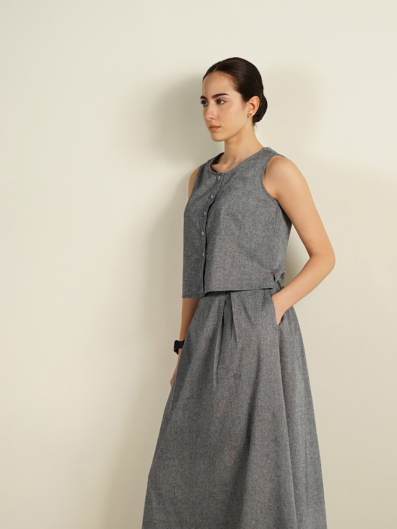 Cotton Solid Woven Design Co-Ord Set - Grey