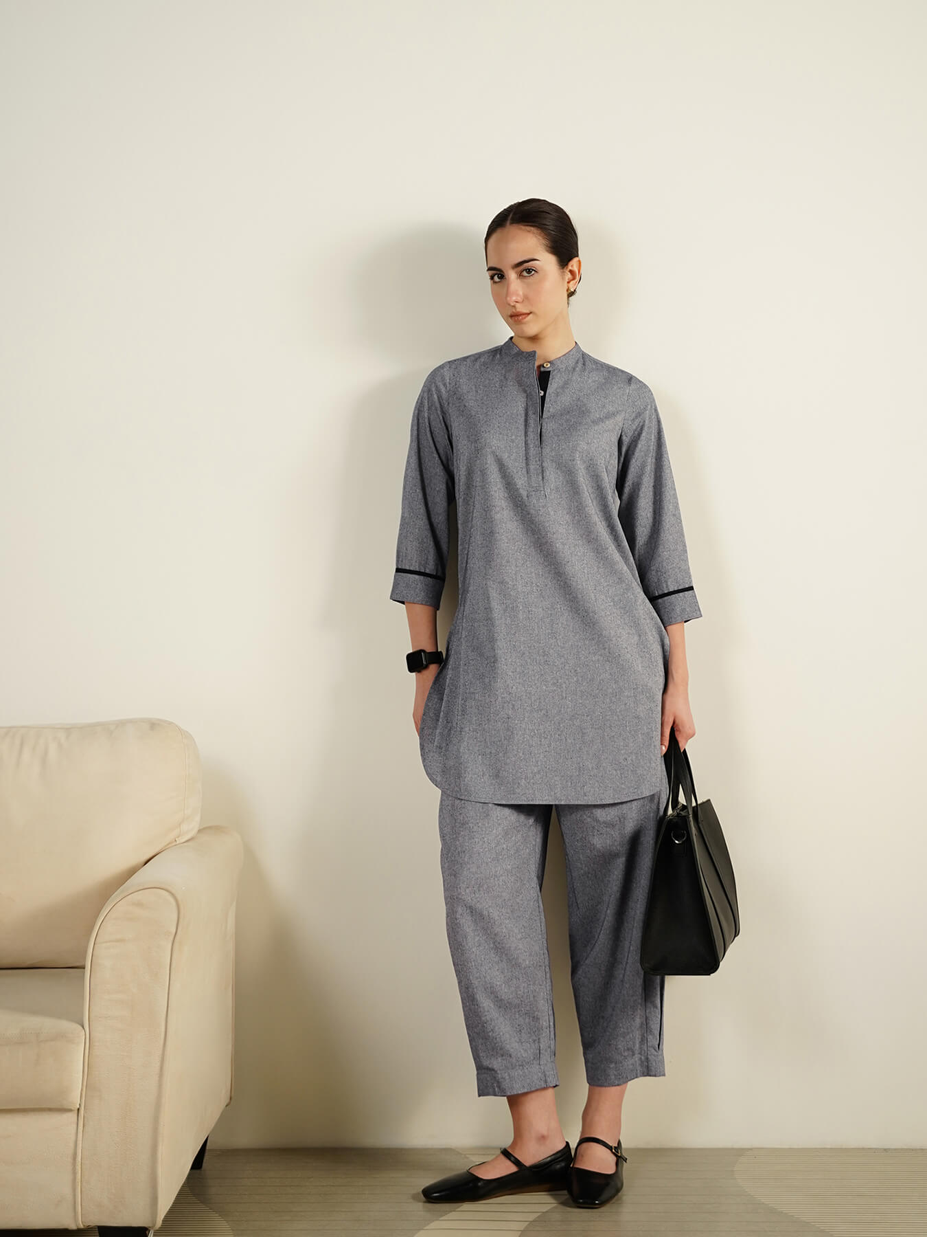 Cotton Woven Design Mandarin Collar Co-Ord Set - Grey