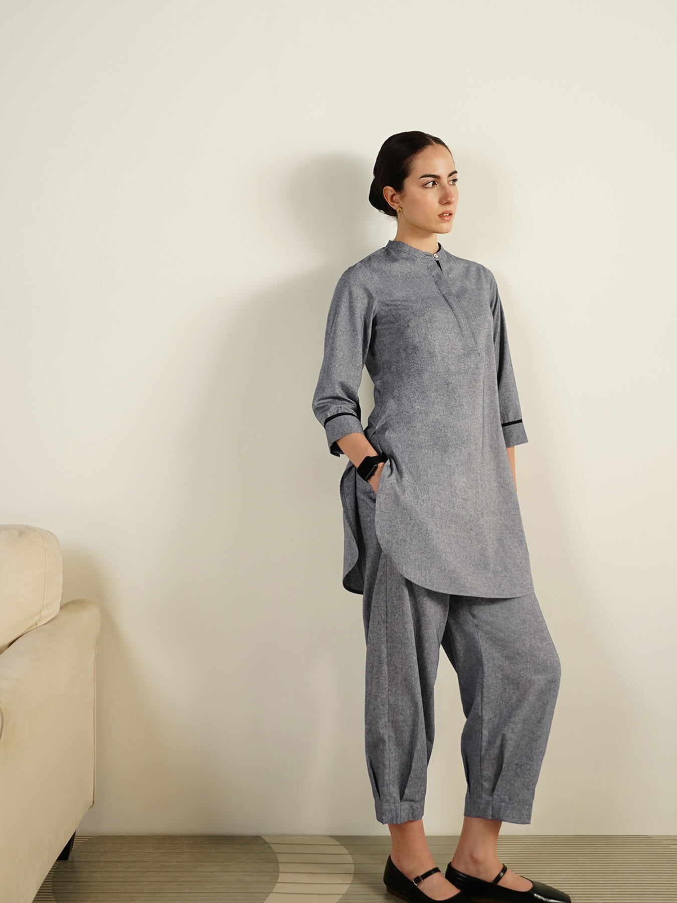 Cotton Woven Design Mandarin Collar Co-Ord Set - Grey